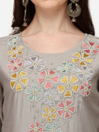 Hand Embroidered Kurta With Pant & Printed Dupatta Set, Multicolor - Hiral Fashion - Distacart