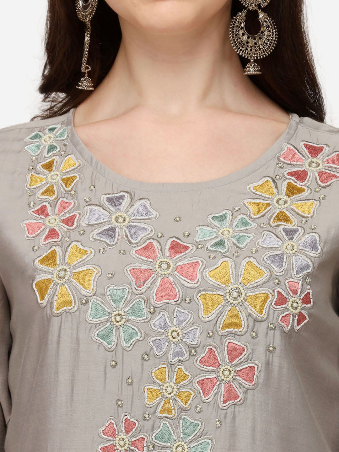Hand Embroidered Kurta With Pant & Printed Dupatta Set, Multicolor - Hiral Fashion - Distacart