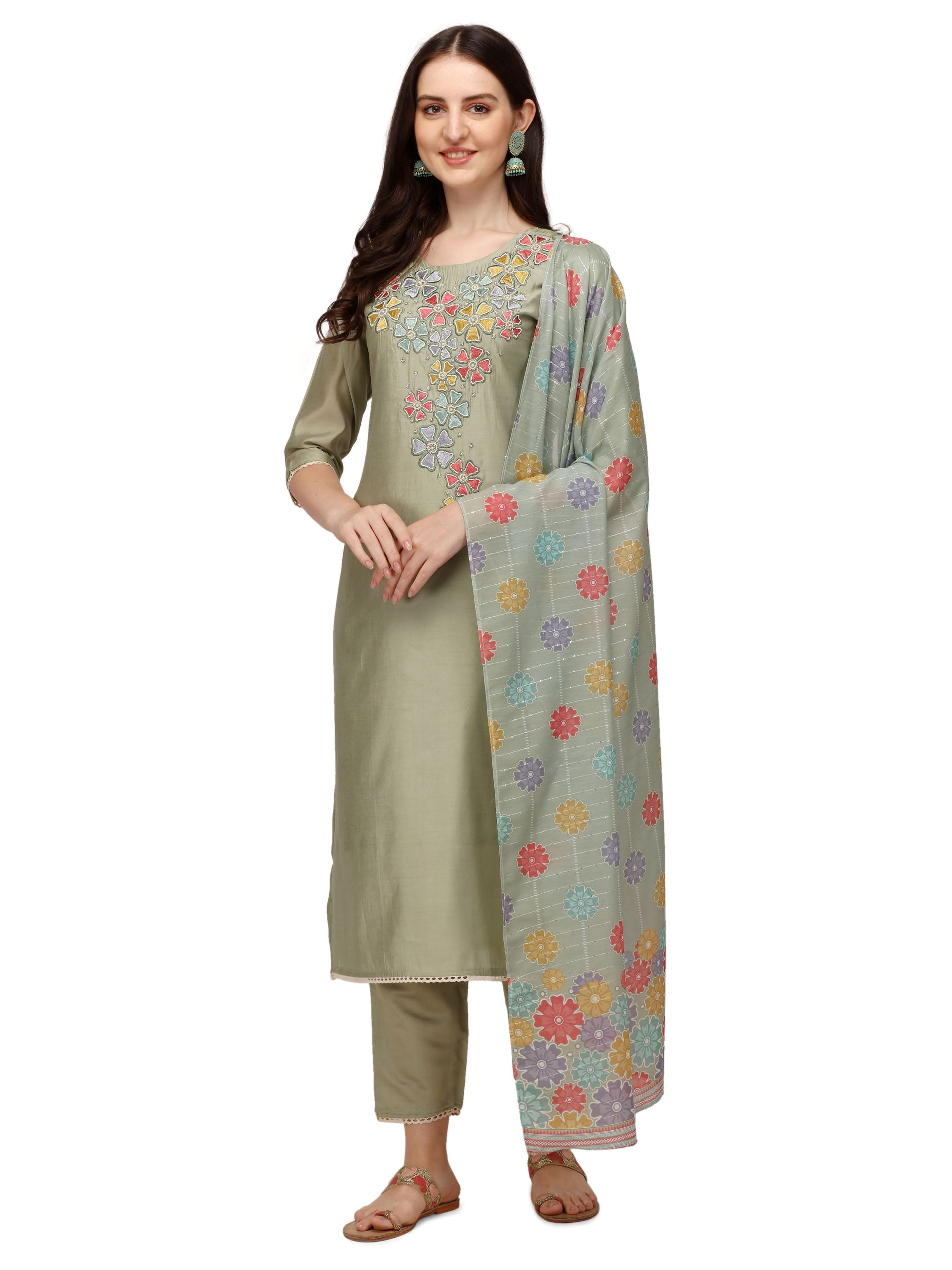 Hand Embroidered Kurta With Pant & Printed Dupatta, Multicolor - Hiral Fashion