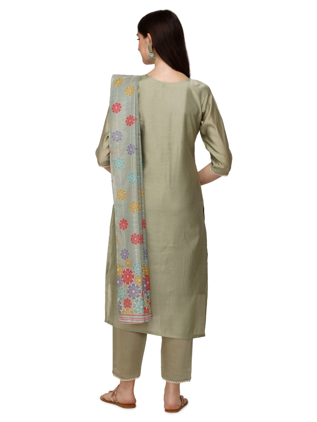 Hand Embroidered Kurta With Pant & Printed Dupatta, Multicolor - Hiral Fashion
