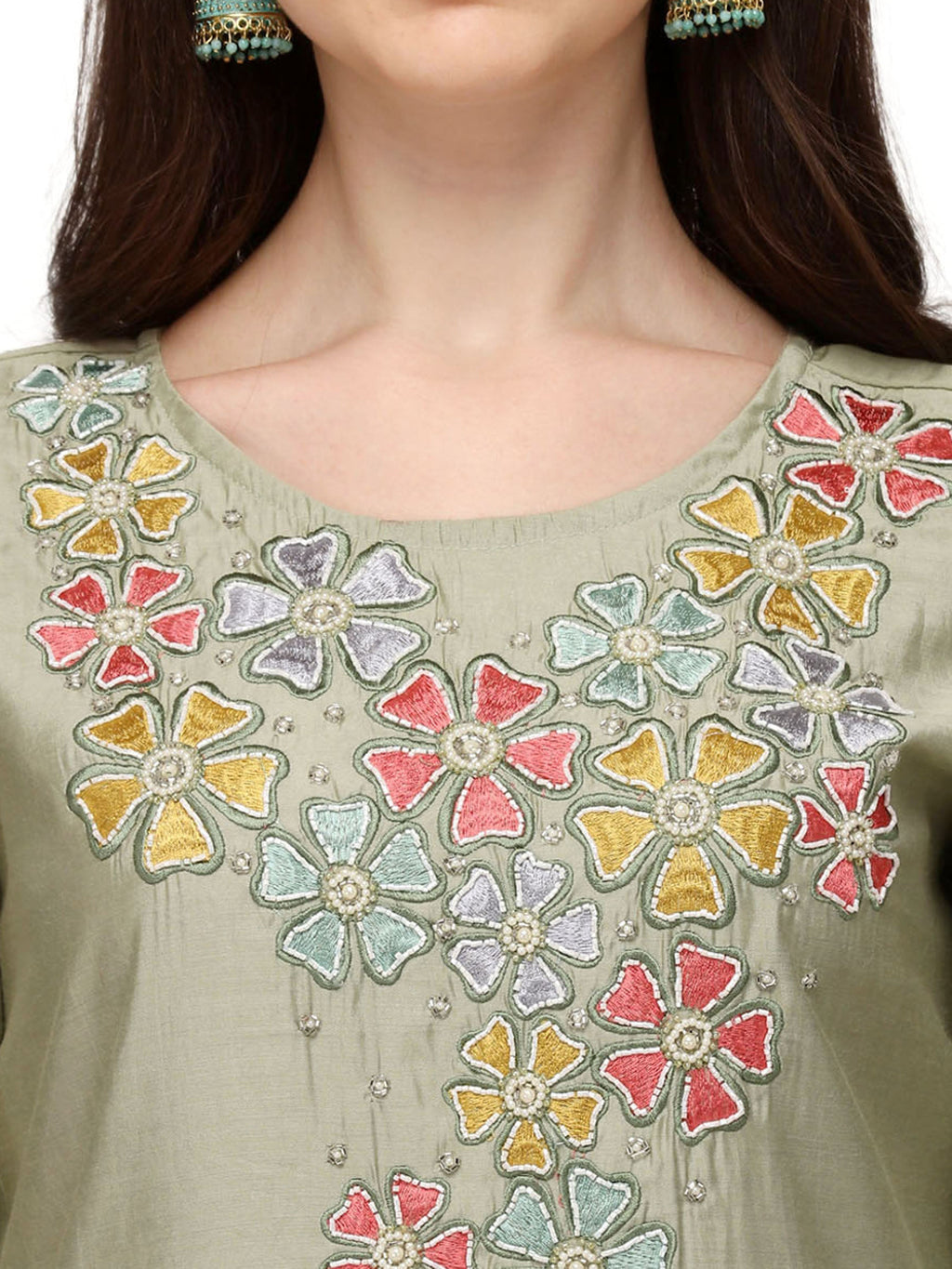 Hand Embroidered Kurta With Pant & Printed Dupatta, Multicolor - Hiral Fashion
