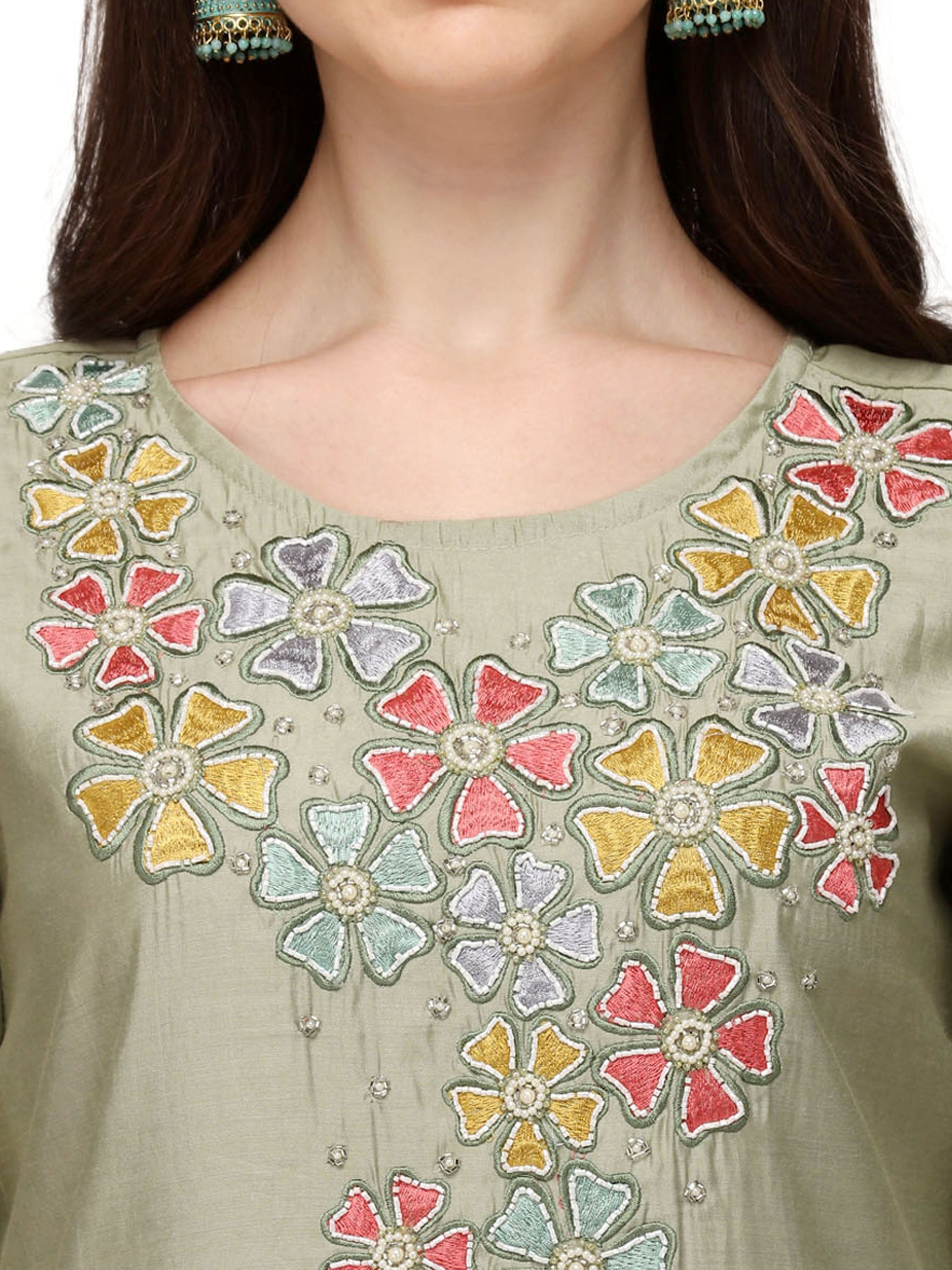 Hand Embroidered Kurta With Pant & Printed Dupatta, Multicolor - Hiral Fashion