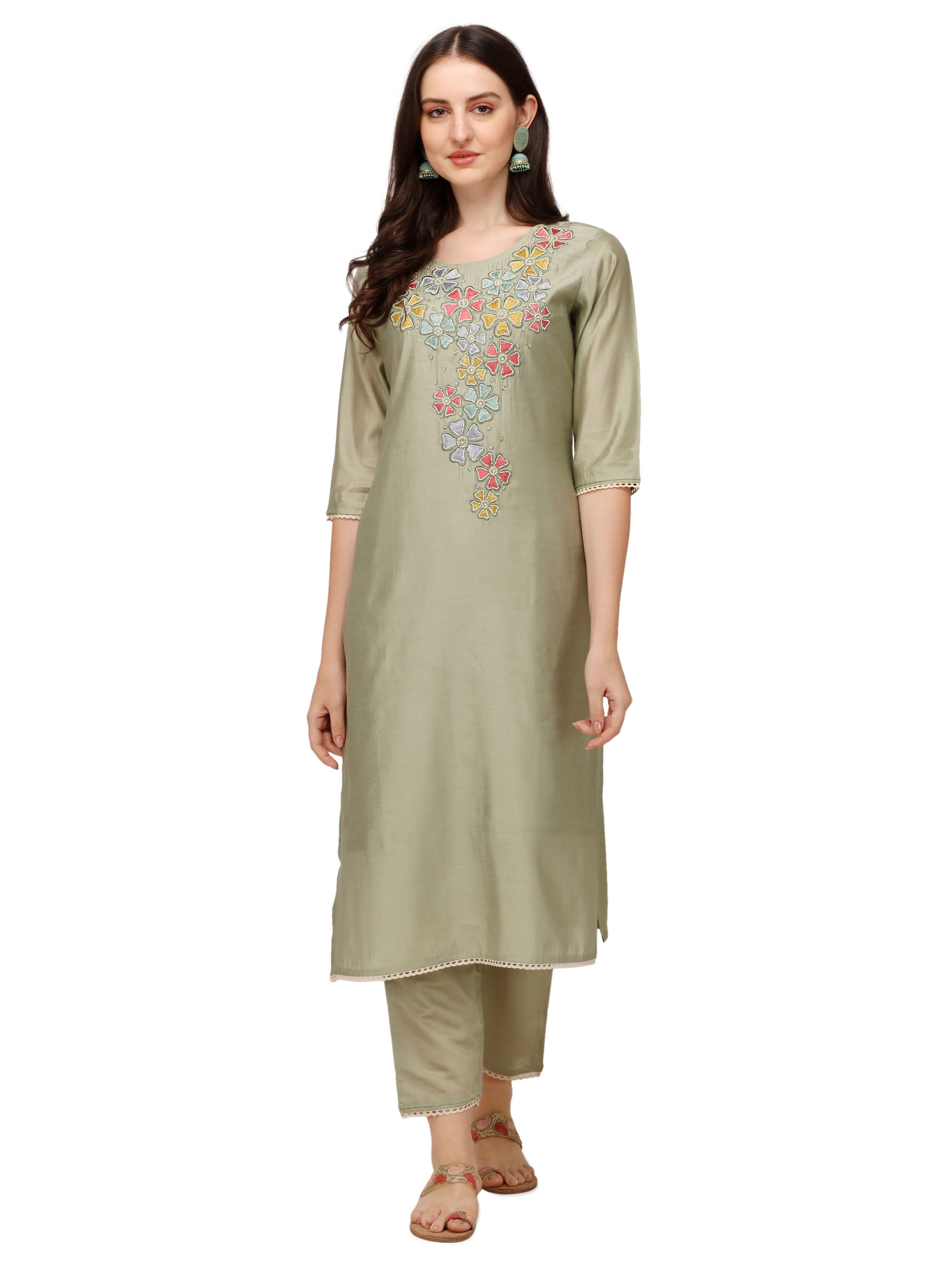 Hand Embroidered Kurta With Pant & Printed Dupatta, Multicolor - Hiral Fashion