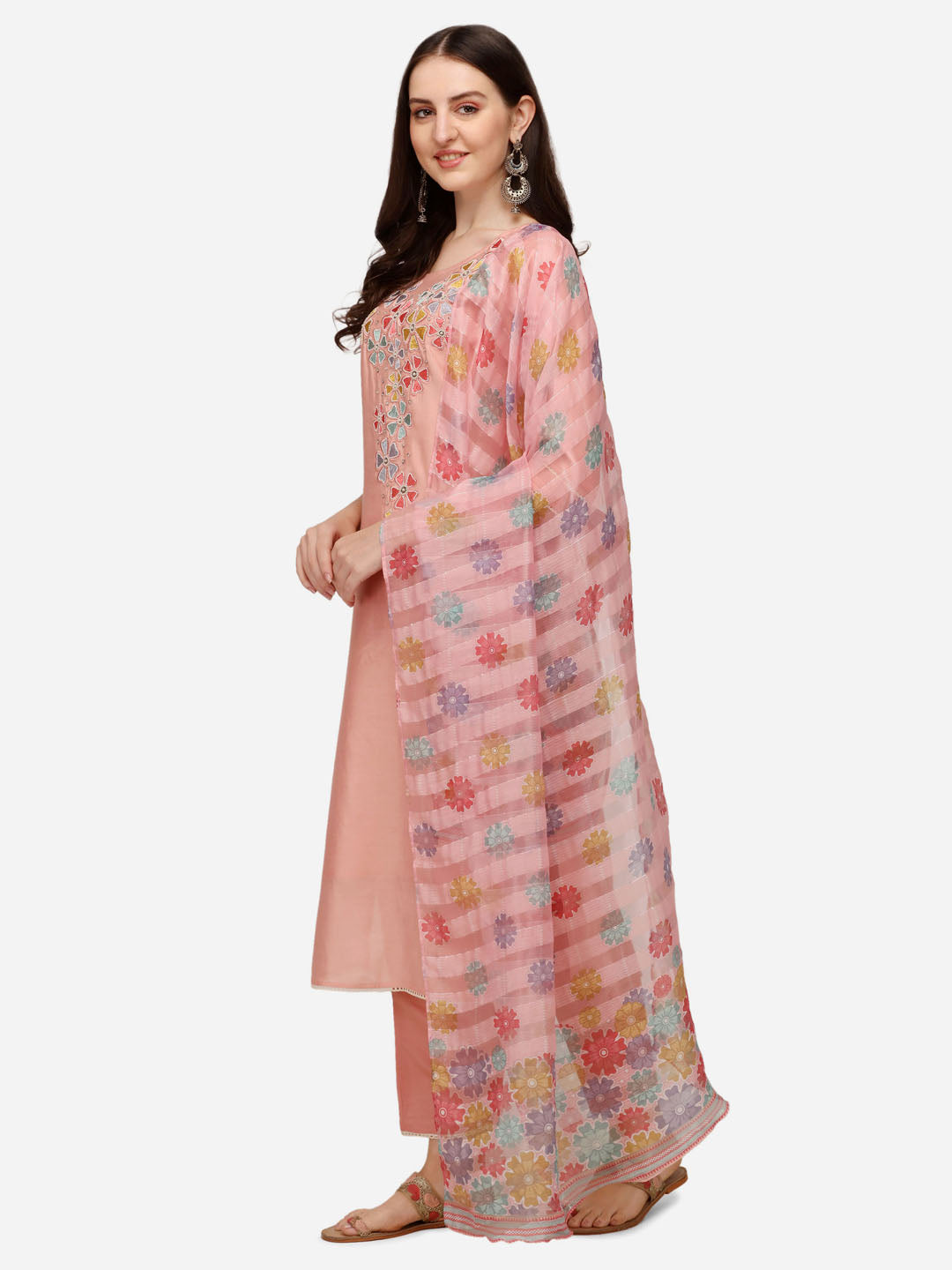 Hand Embroidered Kurta With Pant & Printed Dupatta Set, Multicolor - Hiral Fashion - Distacart