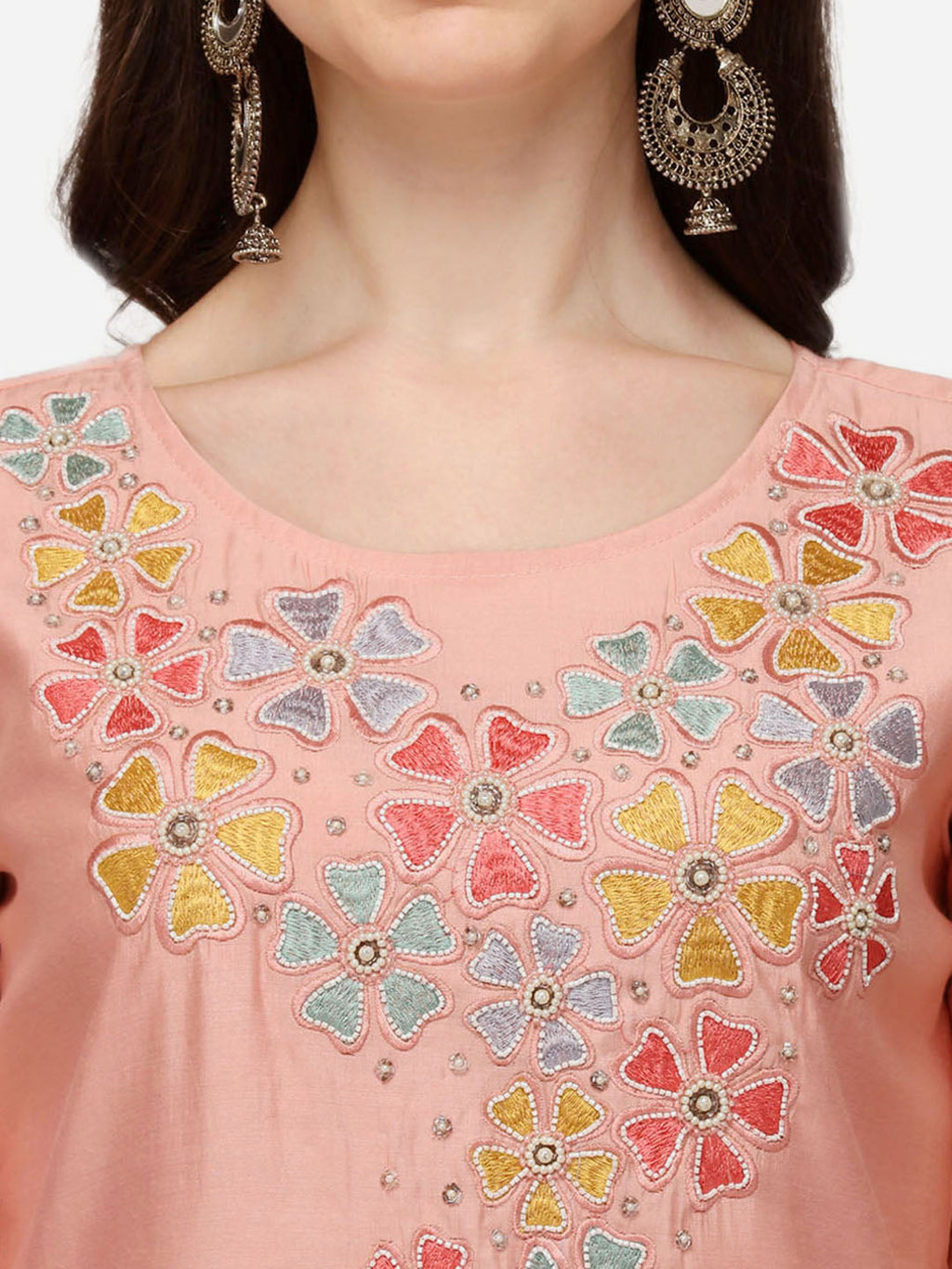 Hand Embroidered Kurta With Pant & Printed Dupatta Set, Multicolor - Hiral Fashion - Distacart
