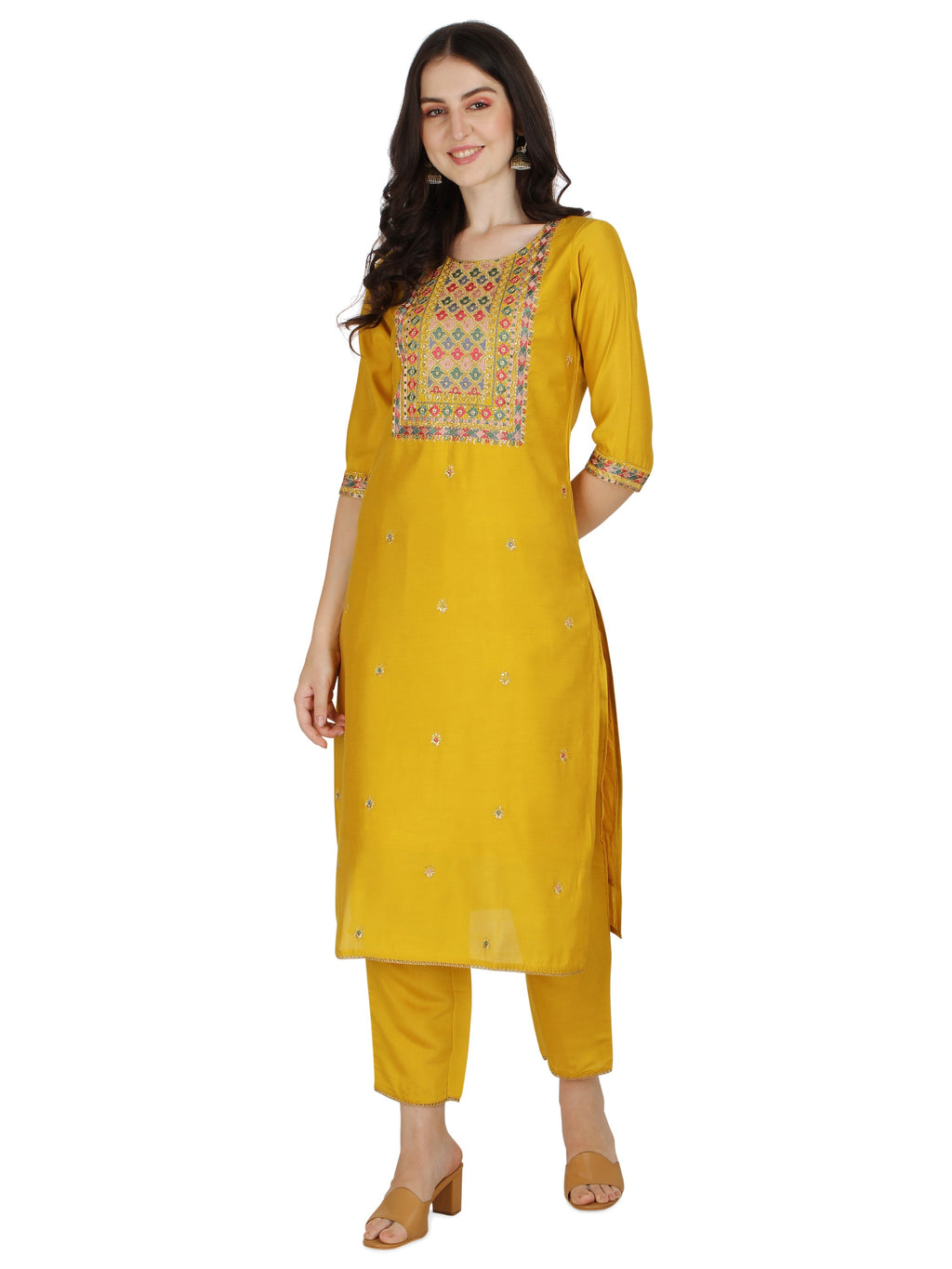 Embroidered Kurta With Pant & Printed Dupatta Set, Multicolor - Hiral Fashion - Distacart