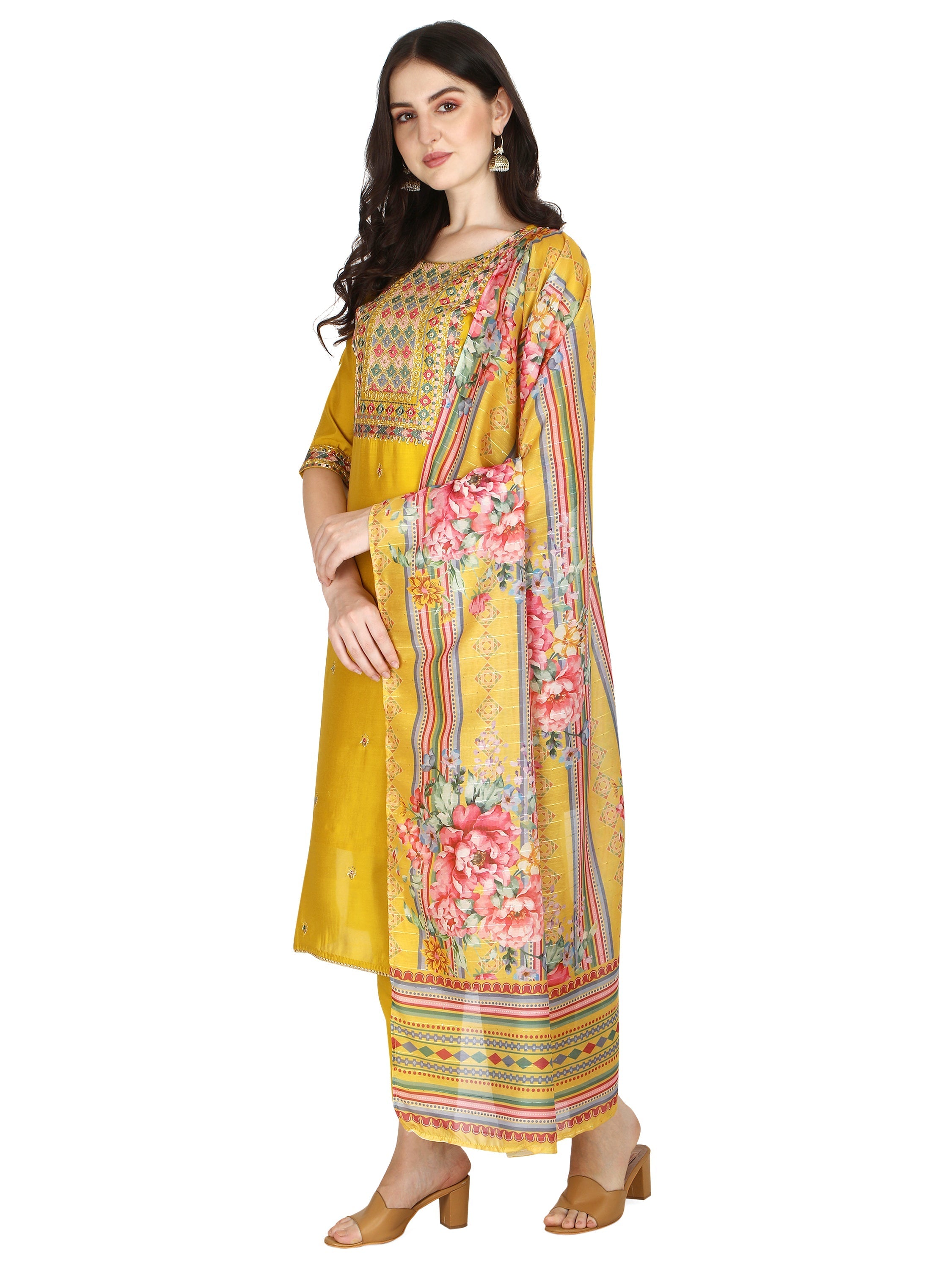 Embroidered Kurta With Pant & Printed Dupatta Set, Multicolor - Hiral Fashion - Distacart