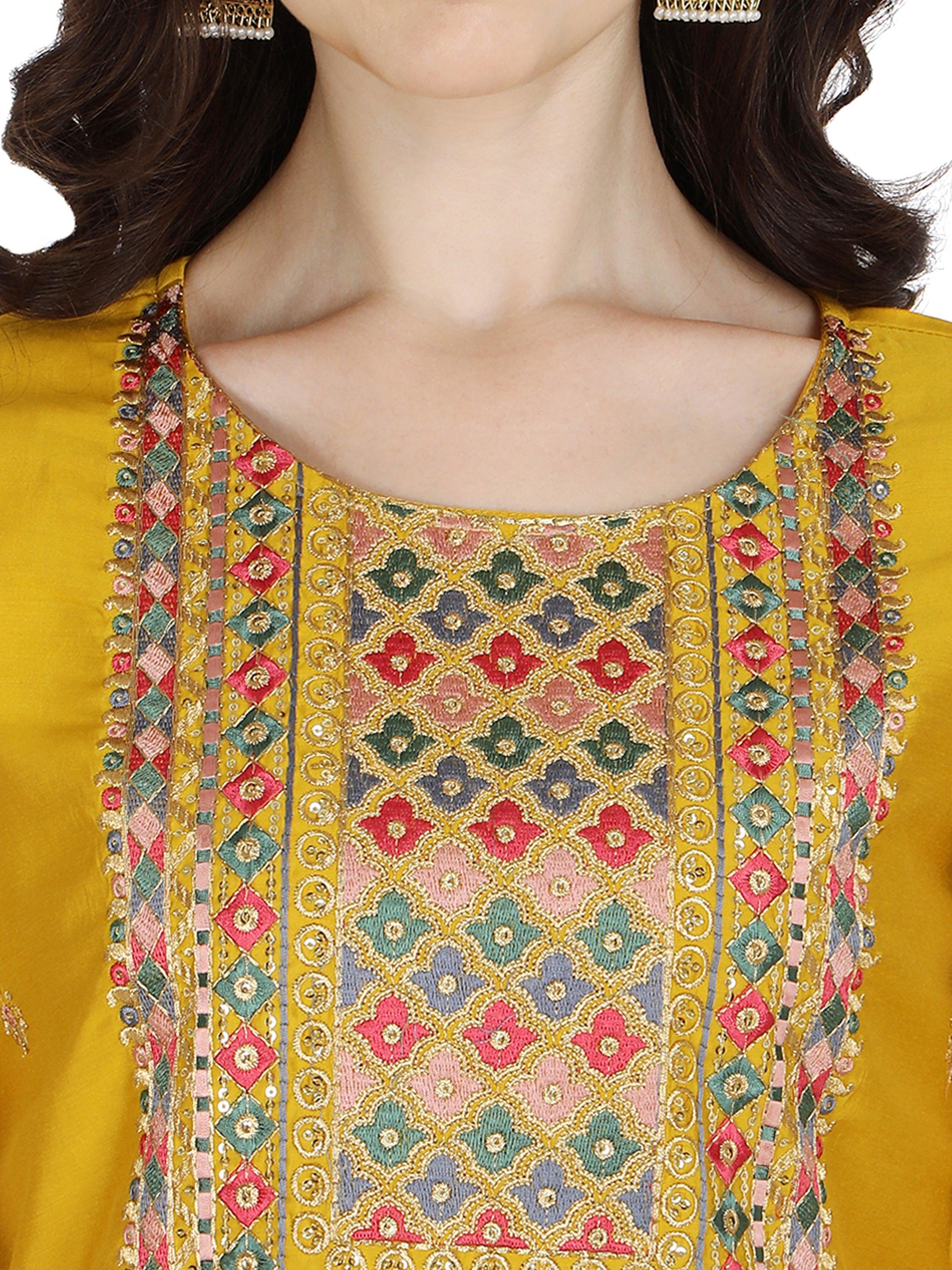 Embroidered Kurta With Pant & Printed Dupatta Set, Multicolor - Hiral Fashion - Distacart