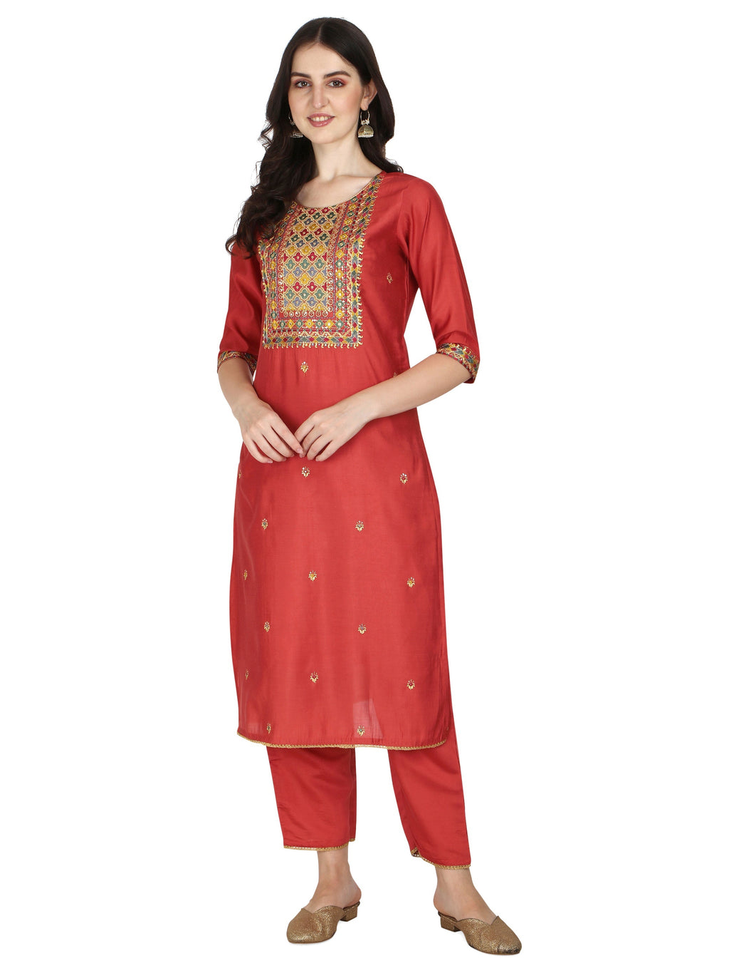 Embroidered Kurta With Pant & Printed Dupatta Set, Multicolor - Hiral Fashion - Distacart
