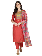 Embroidered Kurta With Pant & Printed Dupatta Set, Multicolor - Hiral Fashion - Distacart