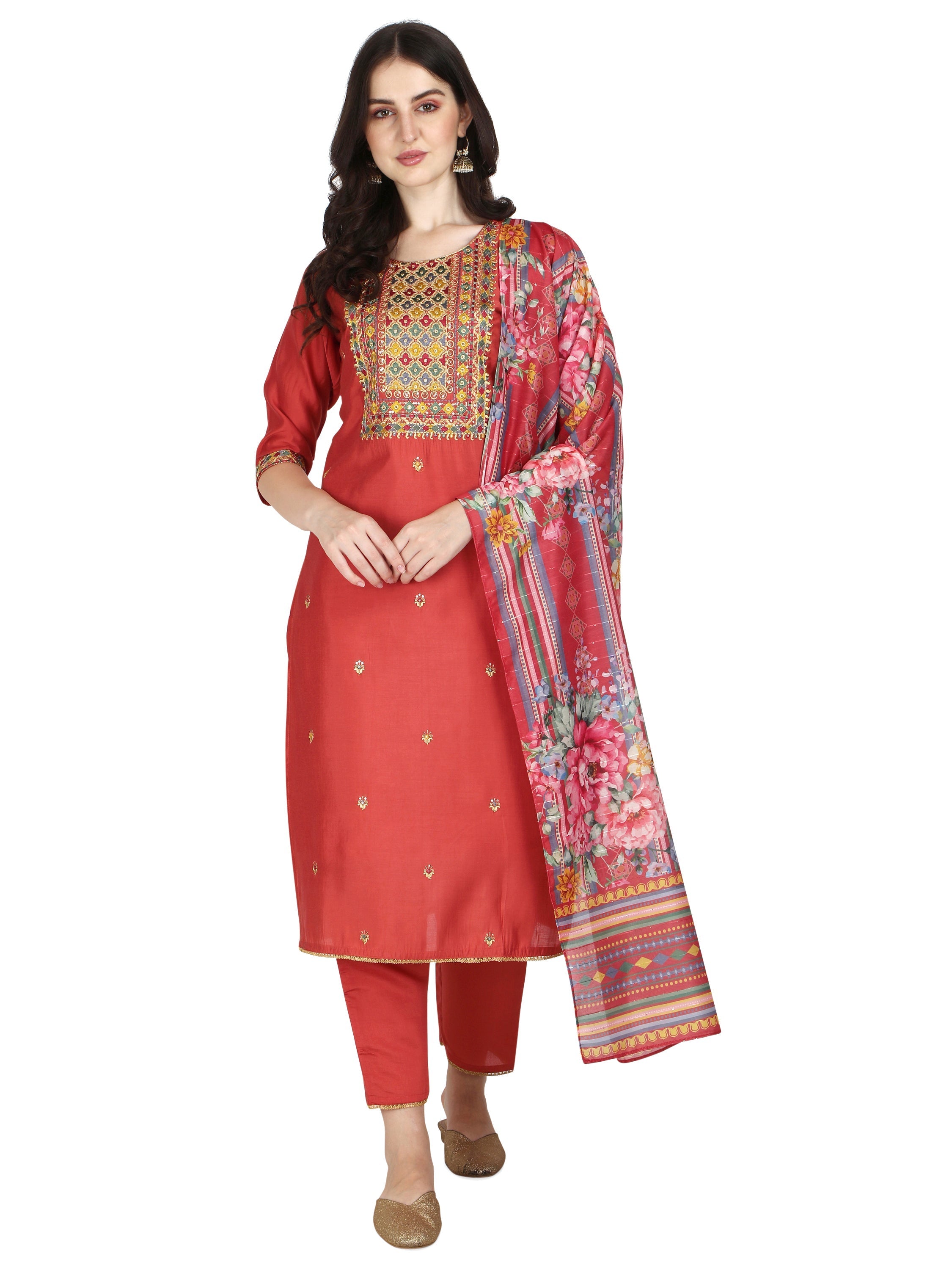 Embroidered Kurta With Pant & Printed Dupatta Set, Multicolor - Hiral Fashion - Distacart
