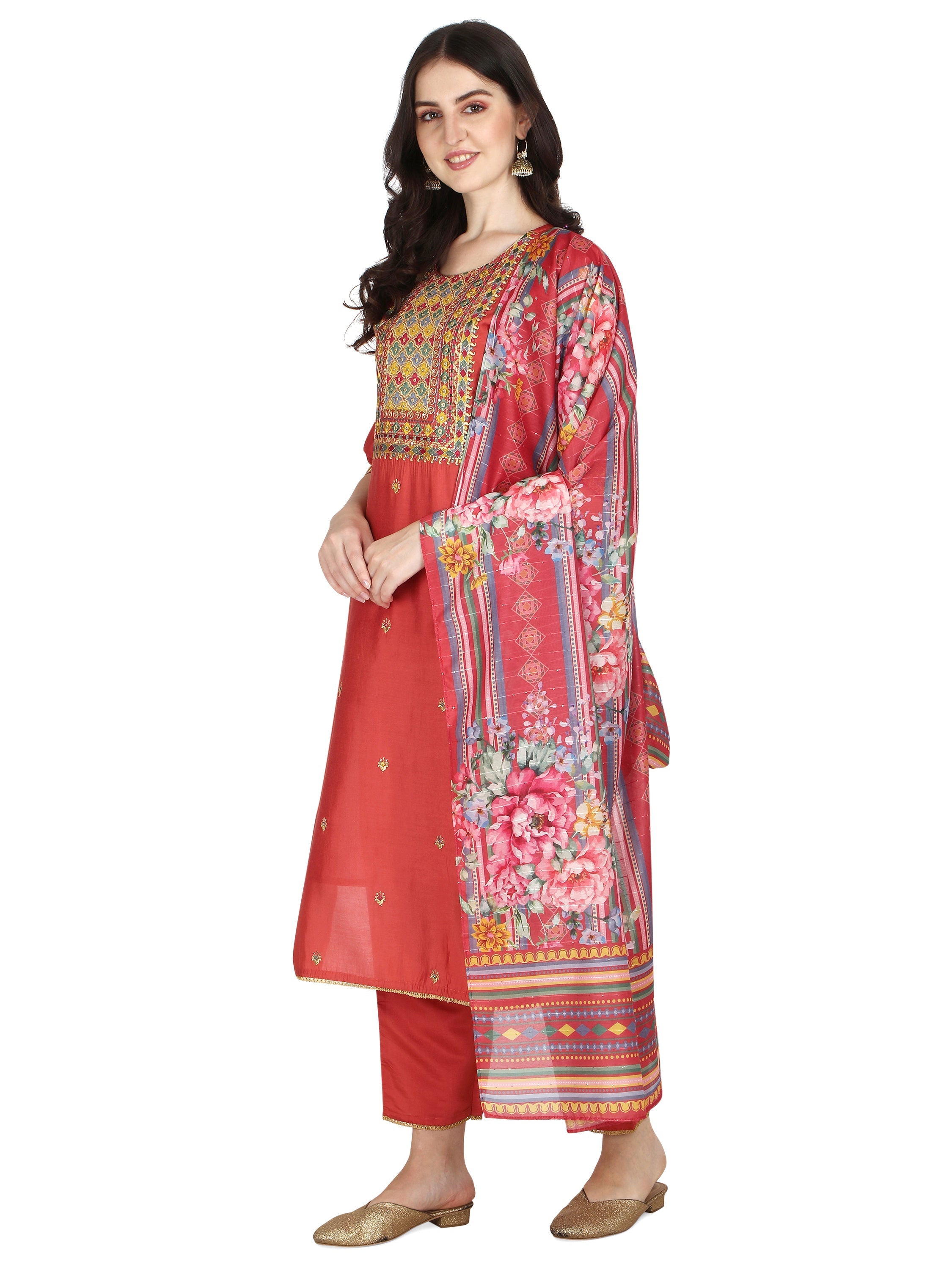 Embroidered Kurta With Pant & Printed Dupatta Set, Multicolor - Hiral Fashion - Distacart