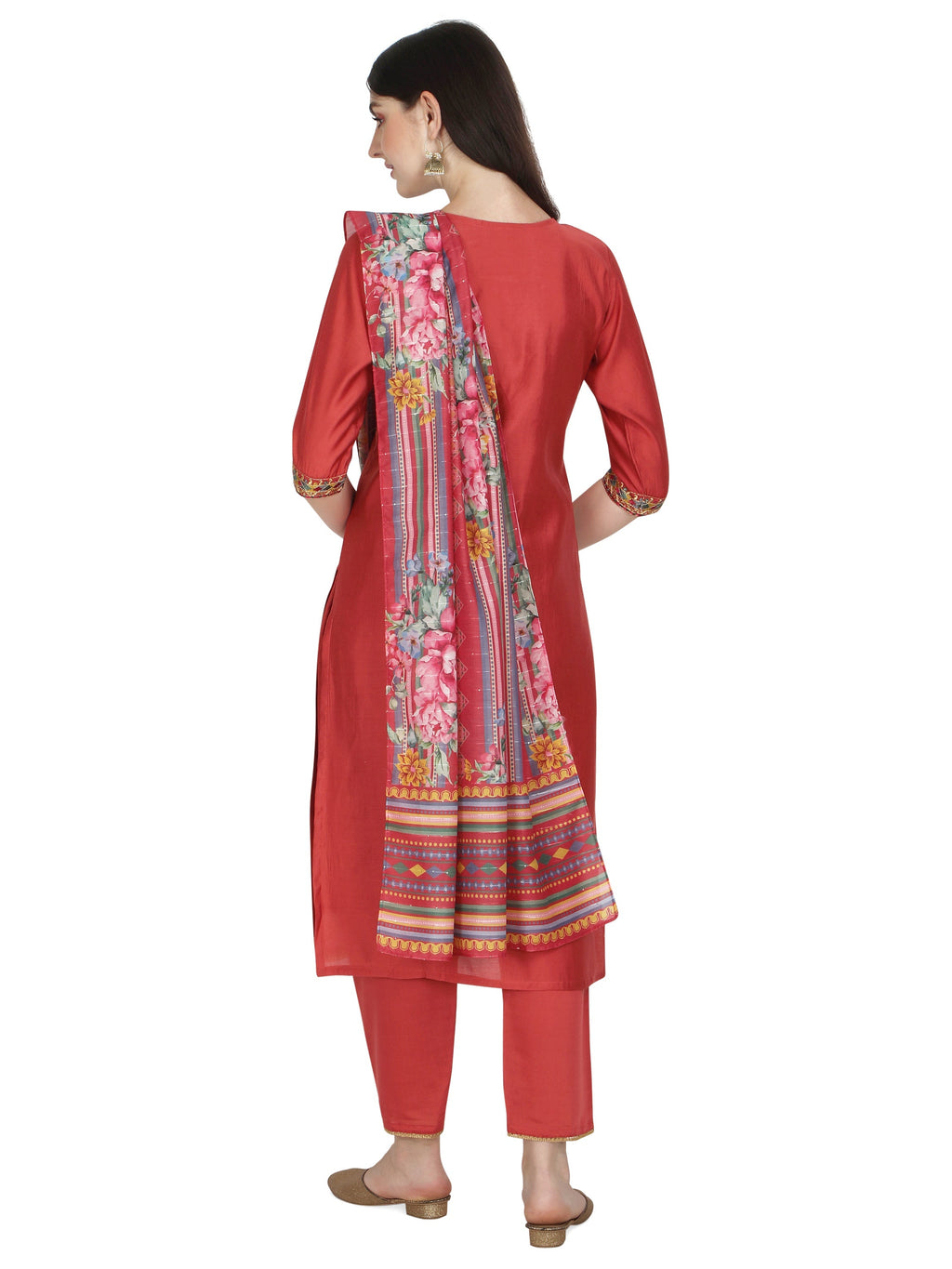 Embroidered Kurta With Pant & Printed Dupatta Set, Multicolor - Hiral Fashion - Distacart