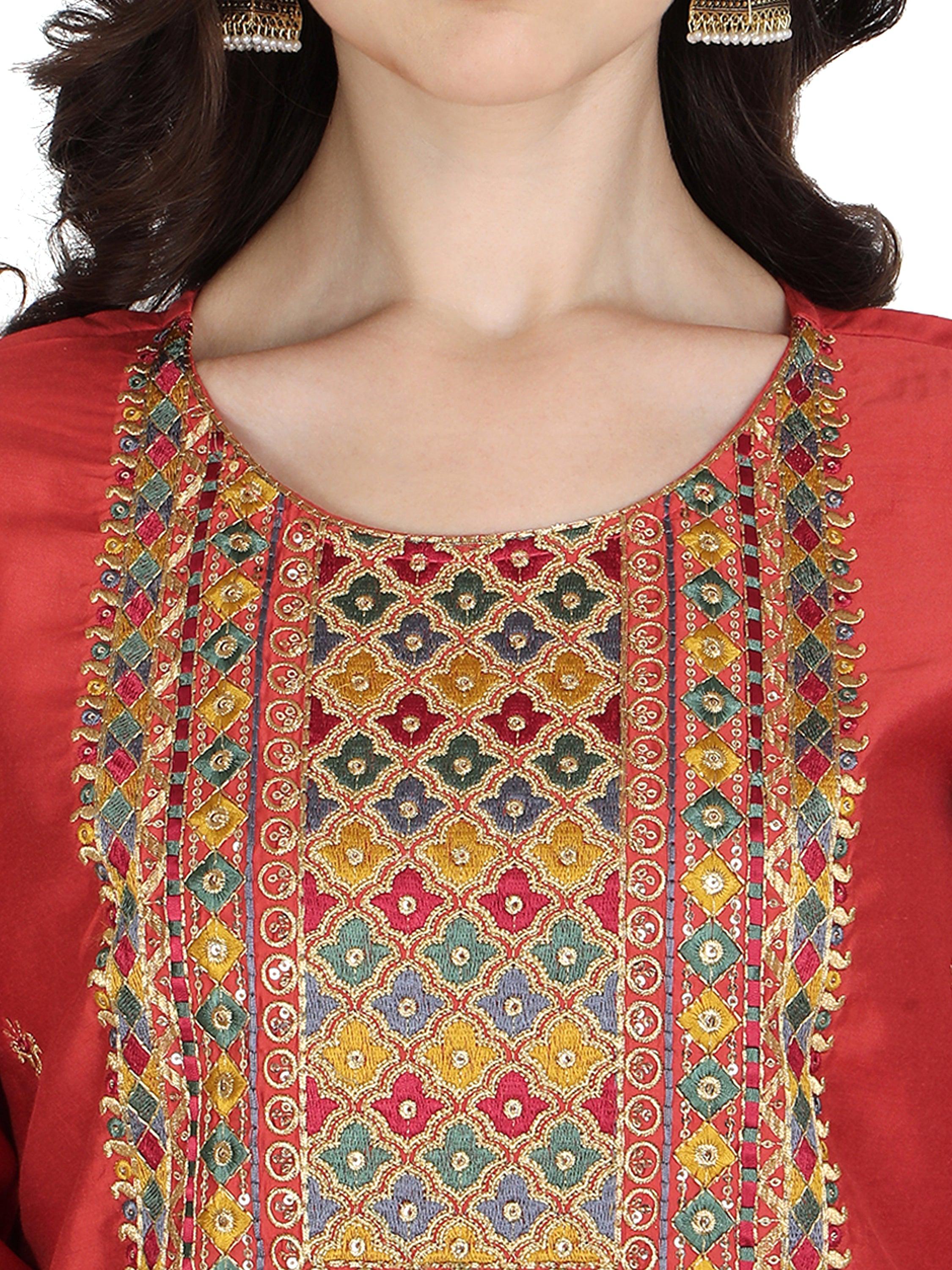Embroidered Kurta With Pant & Printed Dupatta Set, Multicolor - Hiral Fashion - Distacart