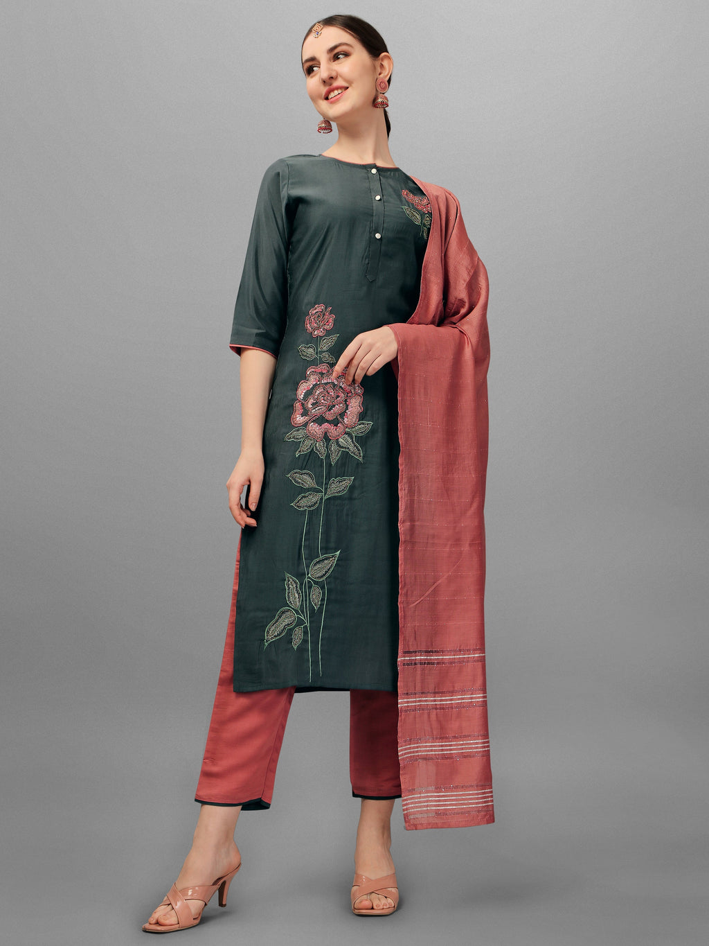 Embroidered Kurta With Pant & Dupatta Set, Multicolor - Hiral Fashion - Distacart