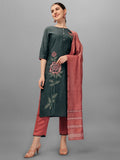 Embroidered Kurta With Pant & Dupatta Set, Multicolor - Hiral Fashion - Distacart