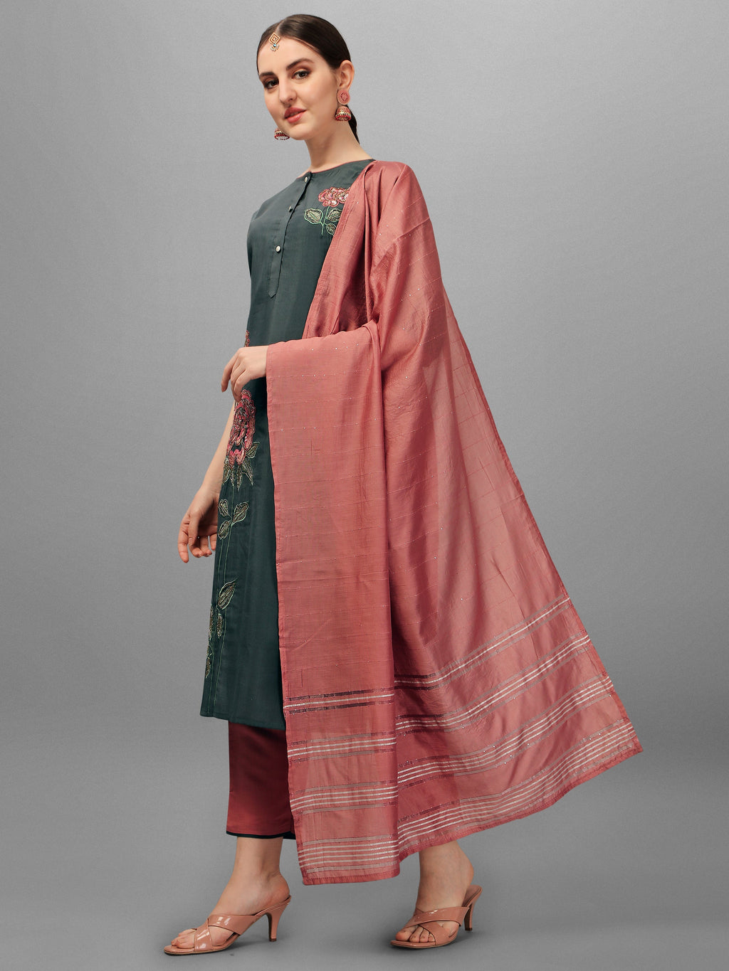 Embroidered Kurta With Pant & Dupatta Set, Multicolor - Hiral Fashion - Distacart