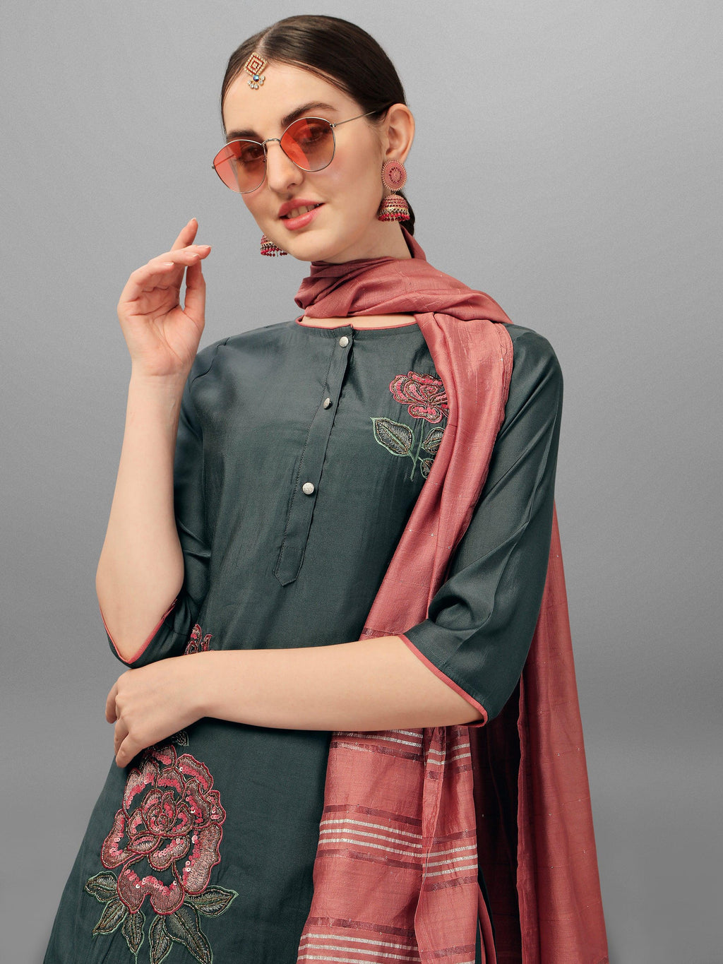 Embroidered Kurta With Pant & Dupatta Set, Multicolor - Hiral Fashion - Distacart