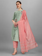 Embroidered Kurta With Pant & Dupatta Set, Multicolor - Hiral Fashion