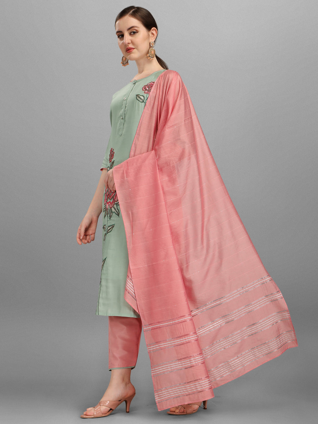 Embroidered Kurta With Pant & Dupatta Set, Multicolor - Hiral Fashion