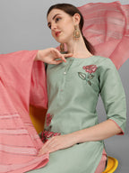 Embroidered Kurta With Pant & Dupatta Set, Multicolor - Hiral Fashion