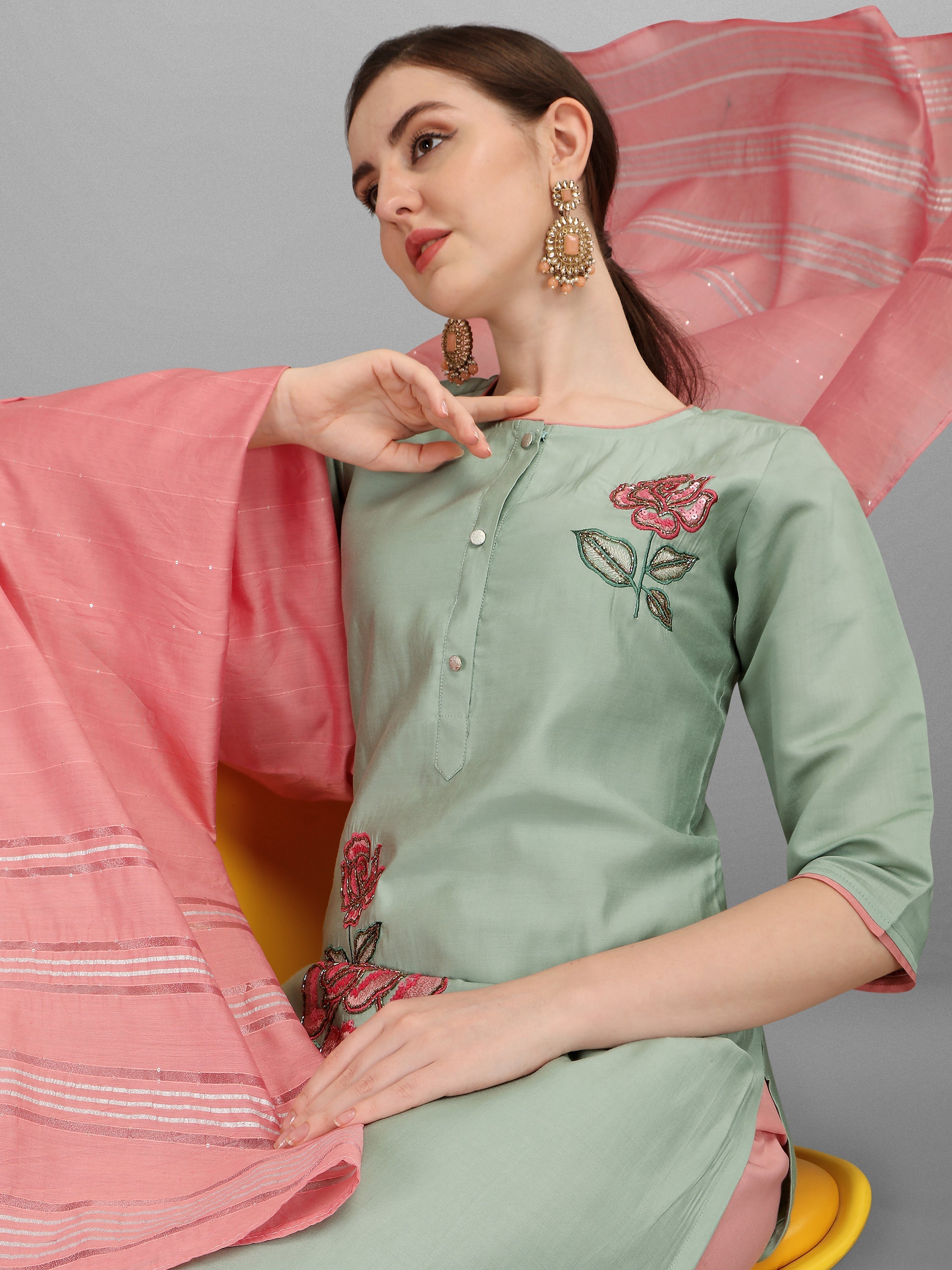 Embroidered Kurta With Pant & Dupatta Set, Multicolor - Hiral Fashion