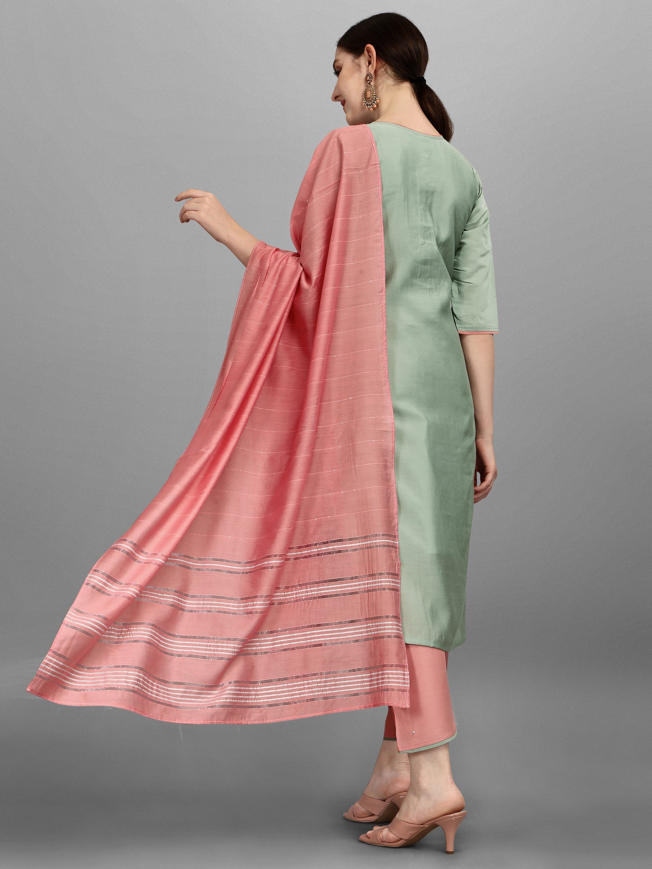 Embroidered Kurta With Pant & Dupatta Set, Multicolor - Hiral Fashion