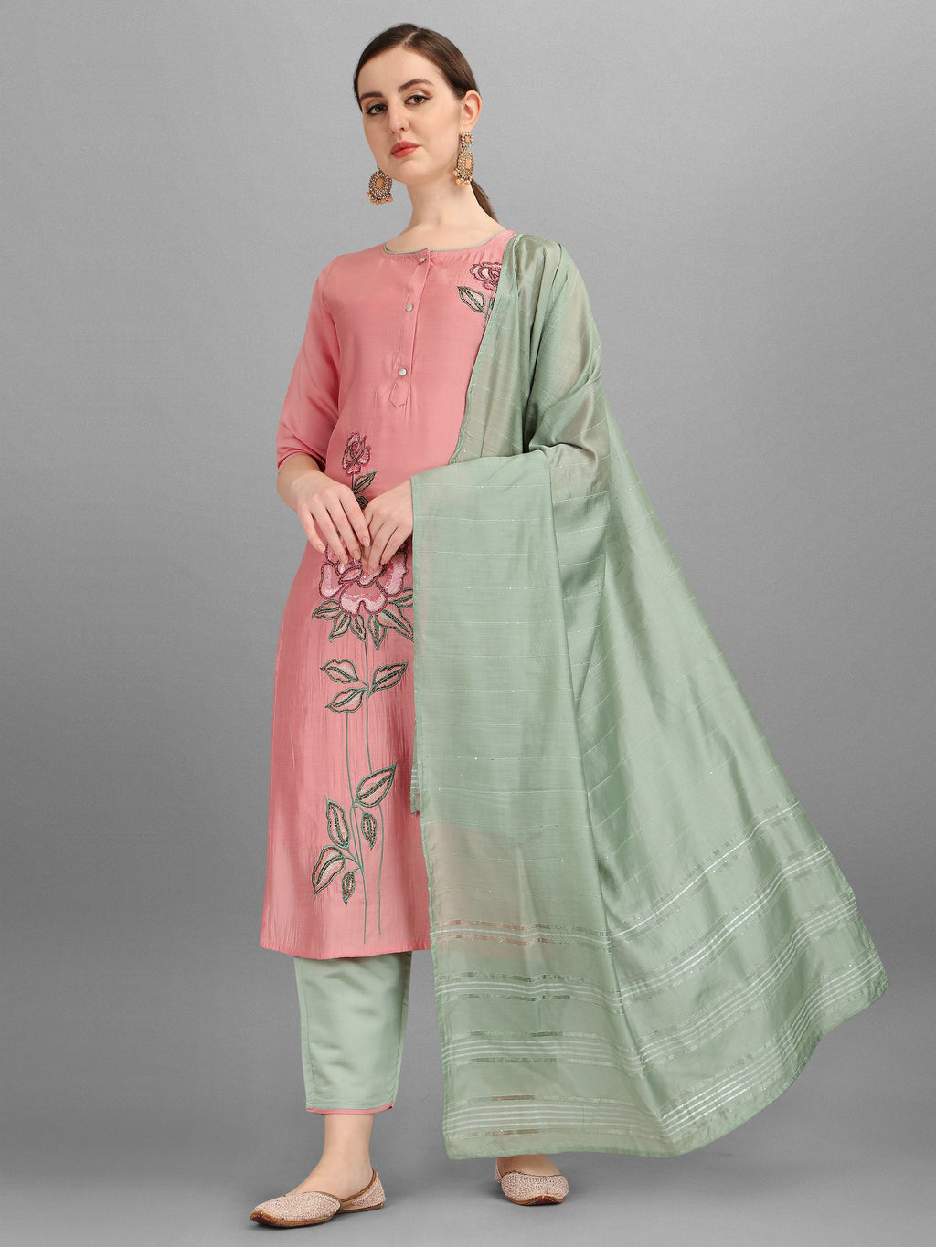 Embroidered Kurta With Pant & Dupatta Set, Multicolor - Hiral Fashion