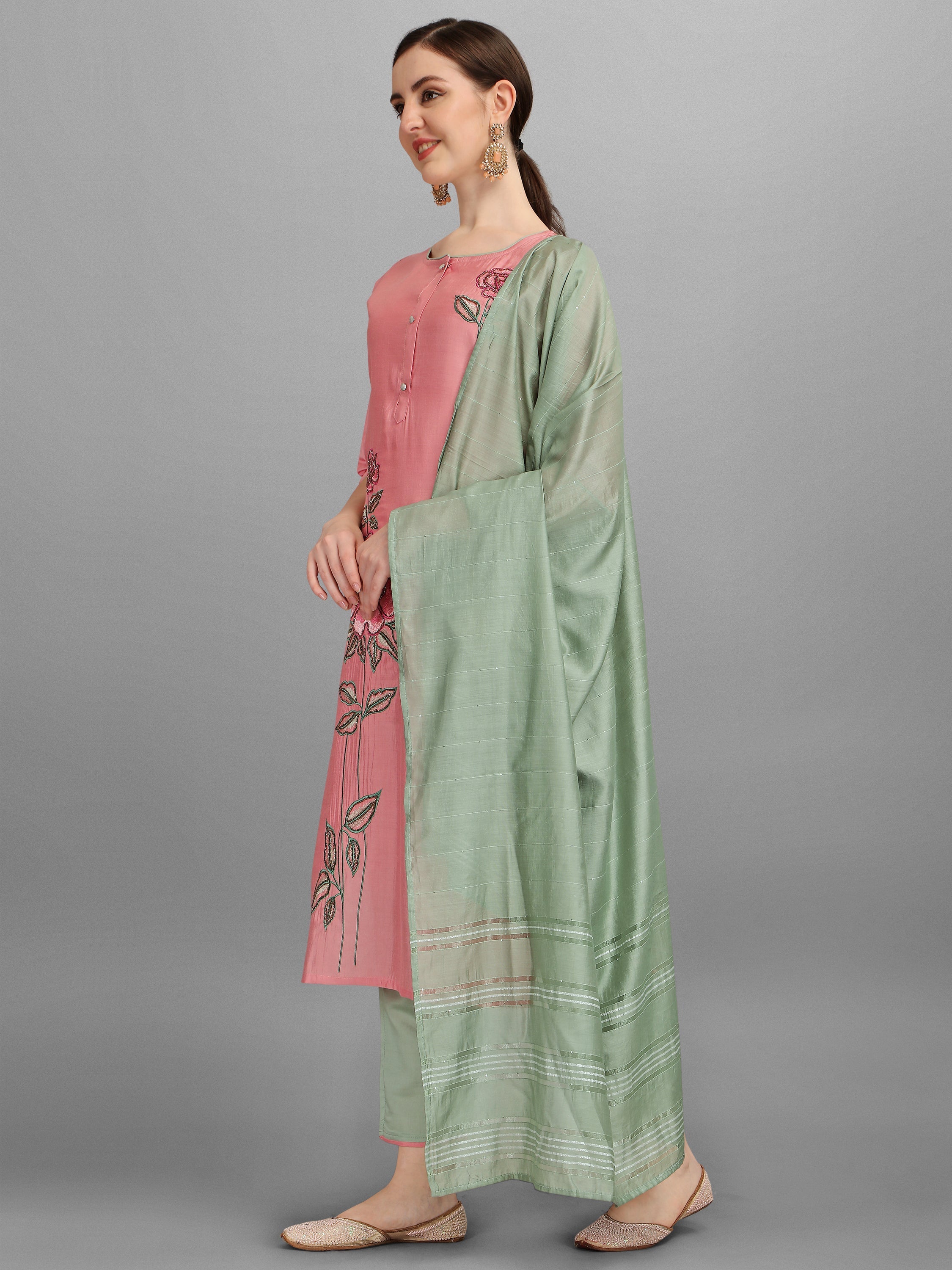Embroidered Kurta With Pant & Dupatta Set, Multicolor - Hiral Fashion