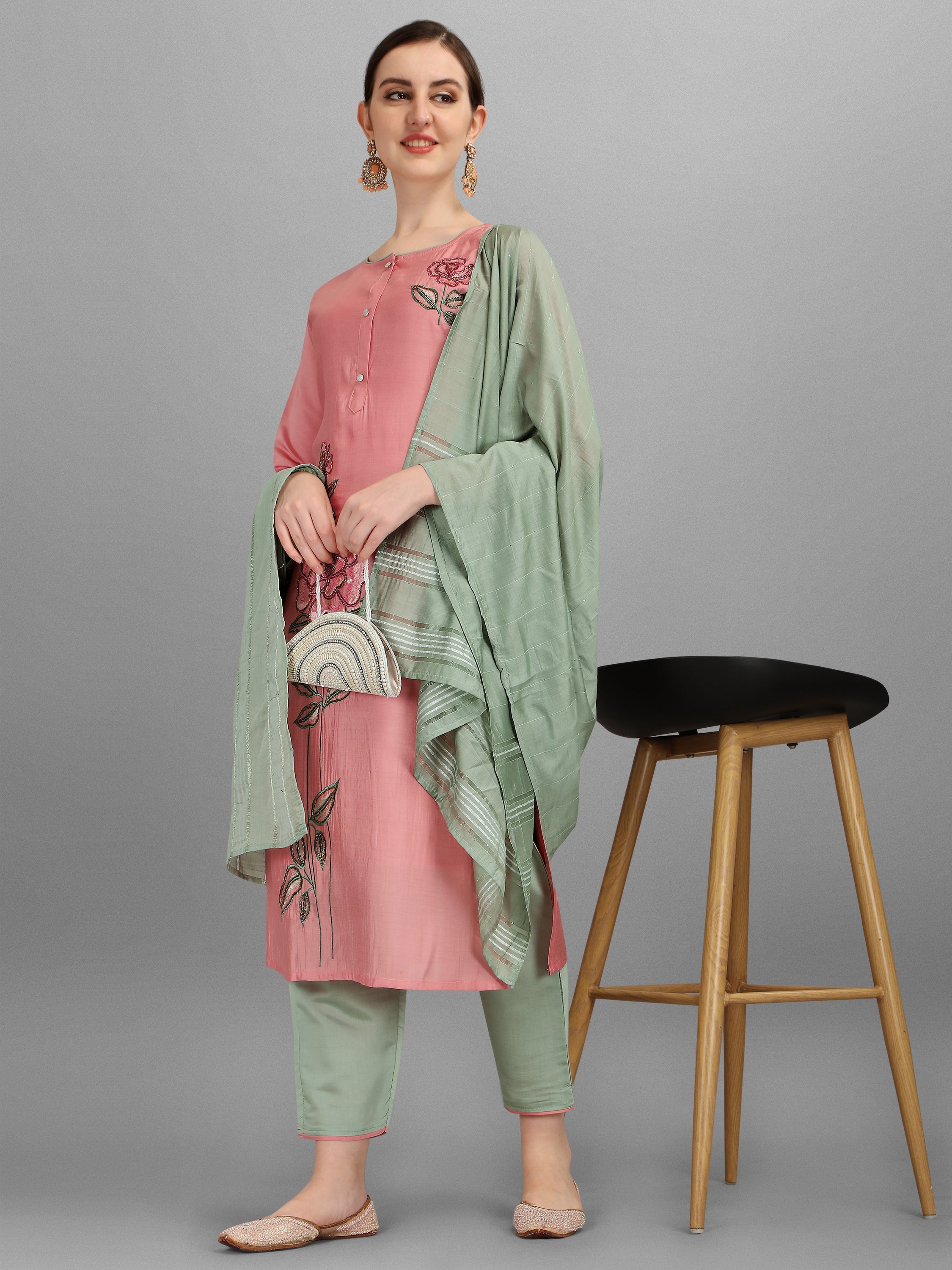 Embroidered Kurta With Pant & Dupatta Set, Multicolor - Hiral Fashion
