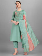 Embroidered Kurta With Pant & Dupatta Set, Multicolor - Hiral Fashion