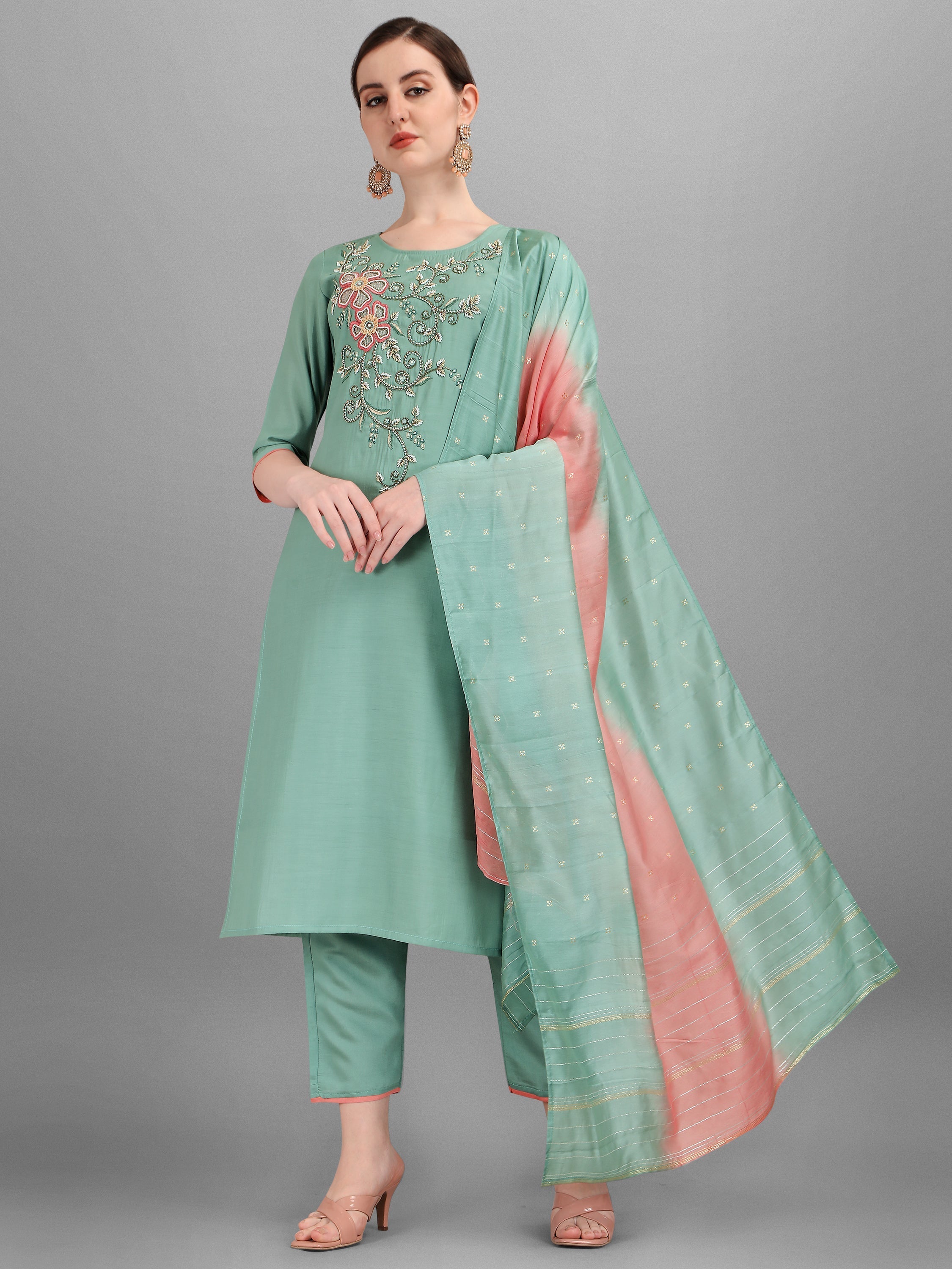 Embroidered Kurta With Pant & Dupatta Set, Multicolor - Hiral Fashion