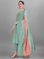 Embroidered Kurta With Pant & Dupatta Set, Multicolor - Hiral Fashion