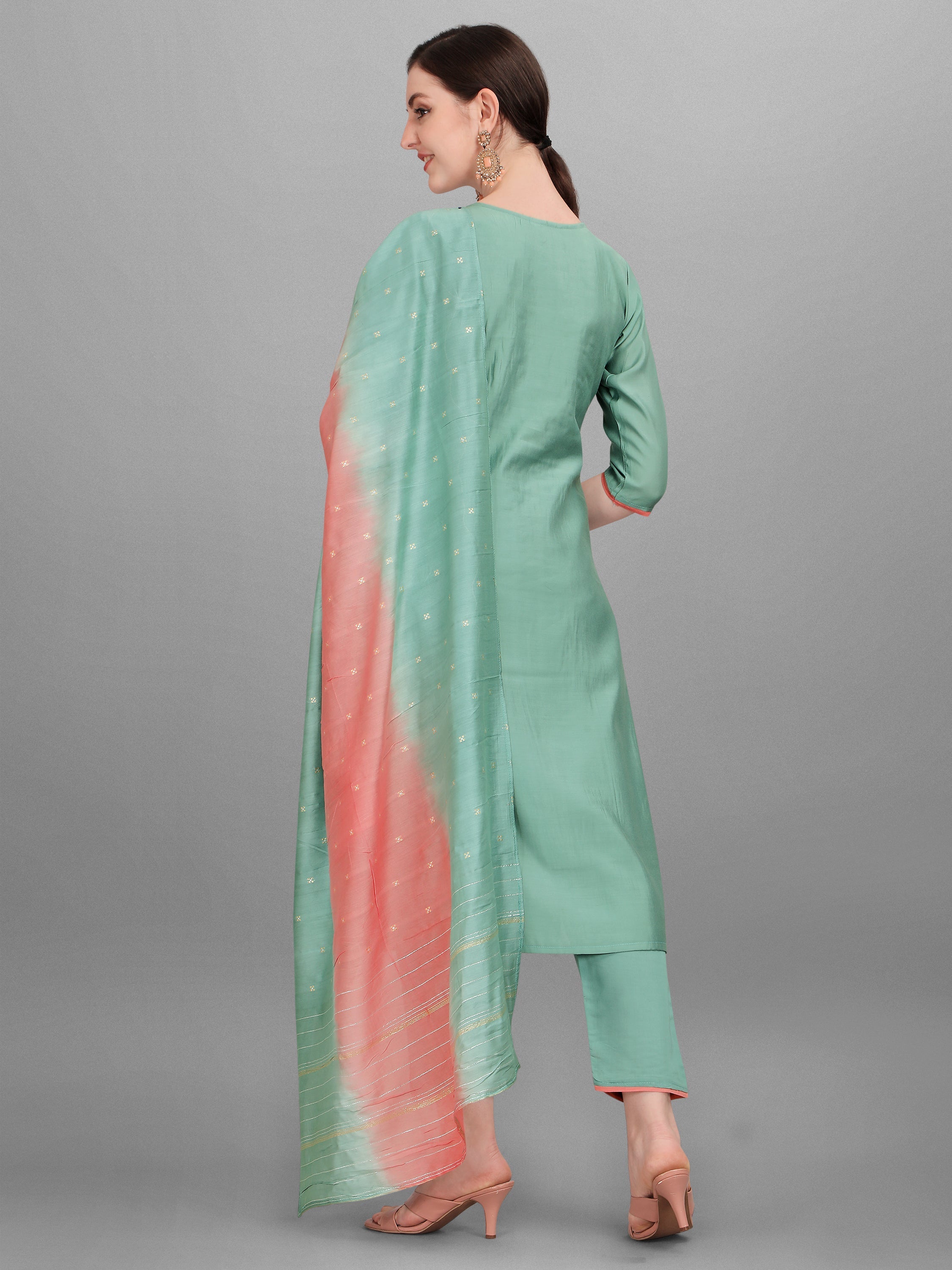 Embroidered Kurta With Pant & Dupatta Set, Multicolor - Hiral Fashion