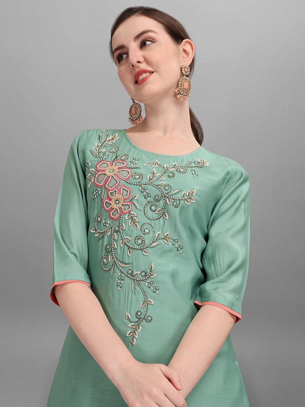 Embroidered Kurta With Pant & Dupatta Set, Multicolor - Hiral Fashion
