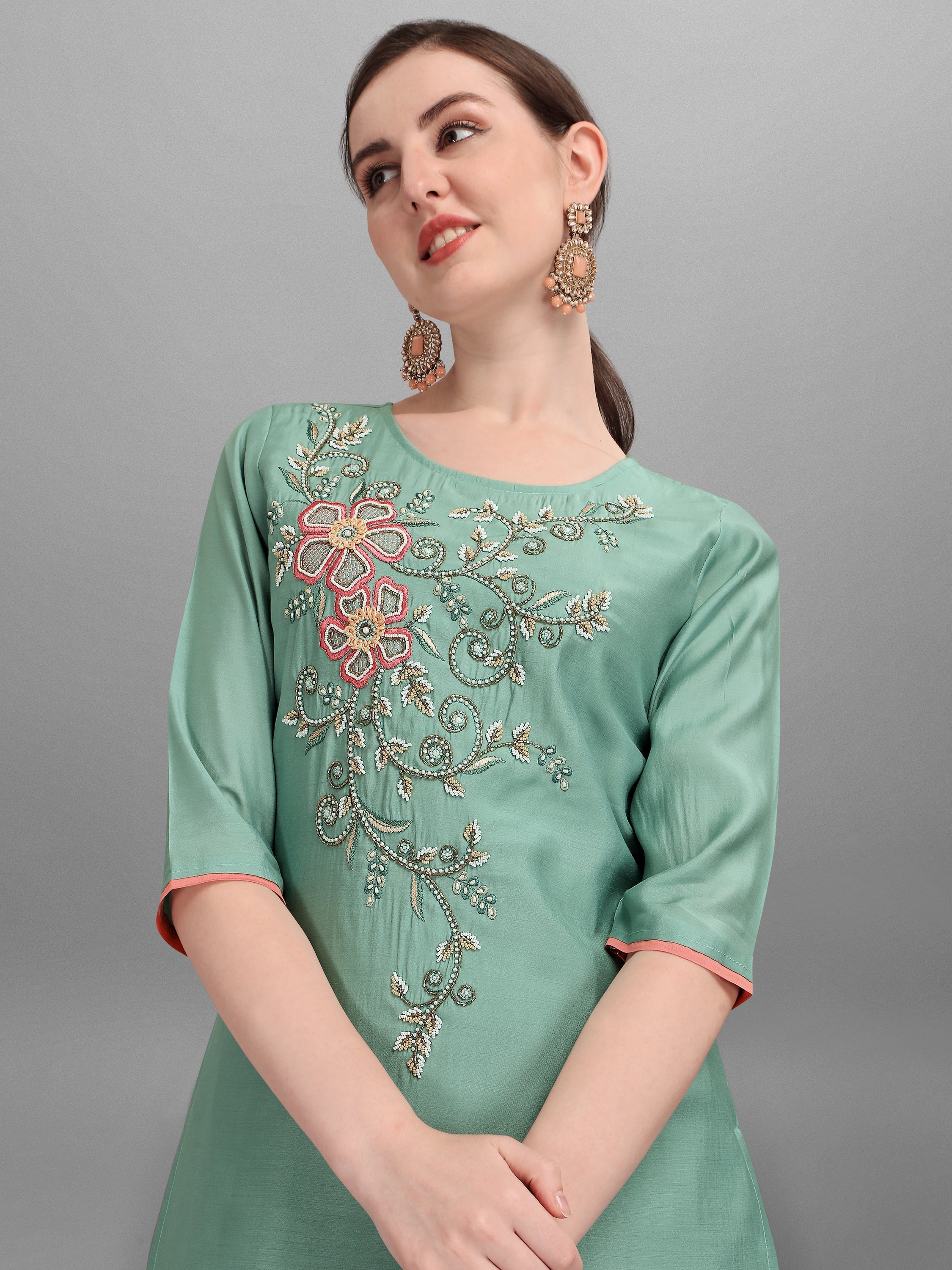 Embroidered Kurta With Pant & Dupatta Set, Multicolor - Hiral Fashion