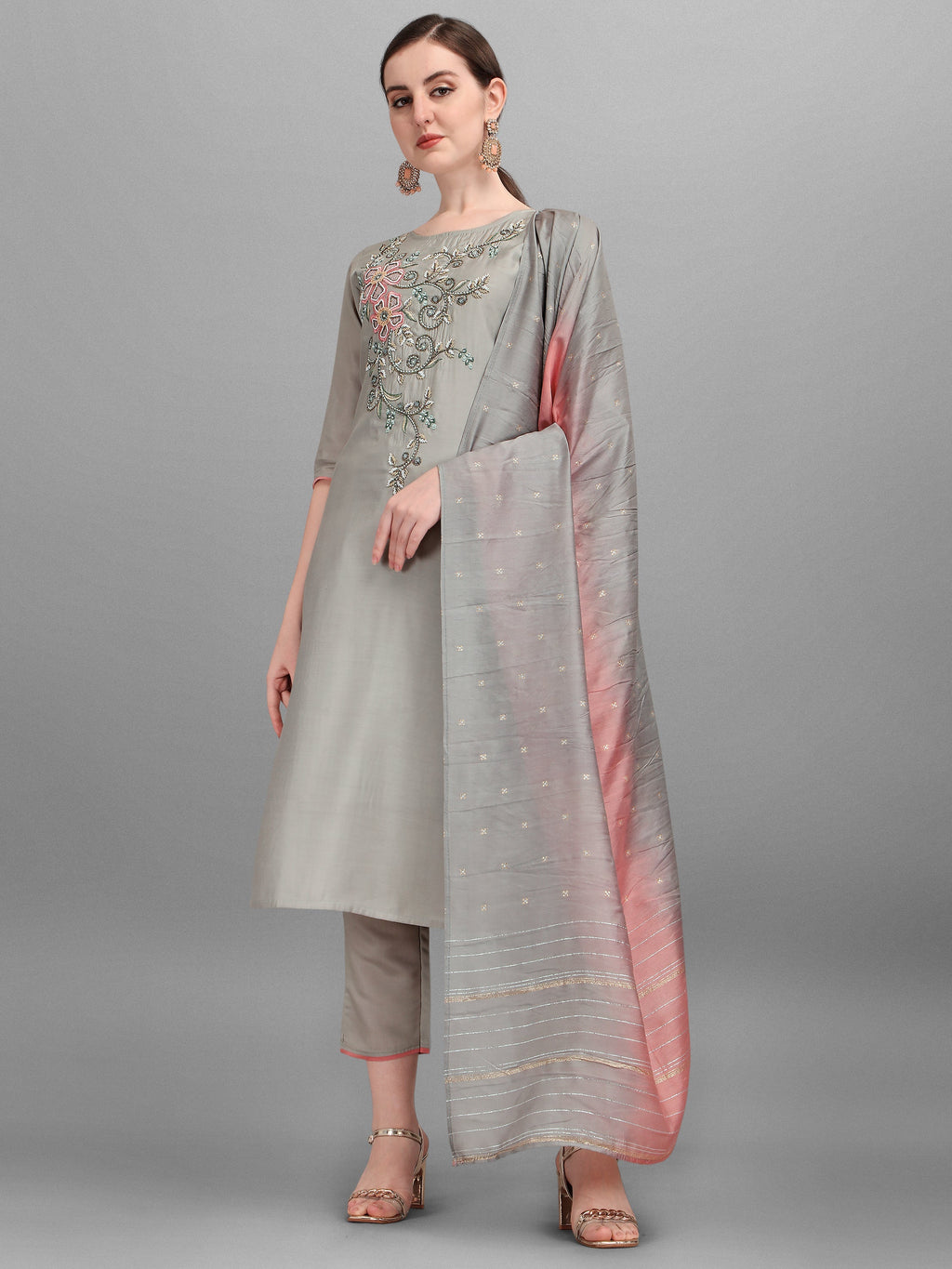 Floral Embroidered Kurta With Pant And Dupatta Set, Multicolor - Hiral Fashion - Distacart