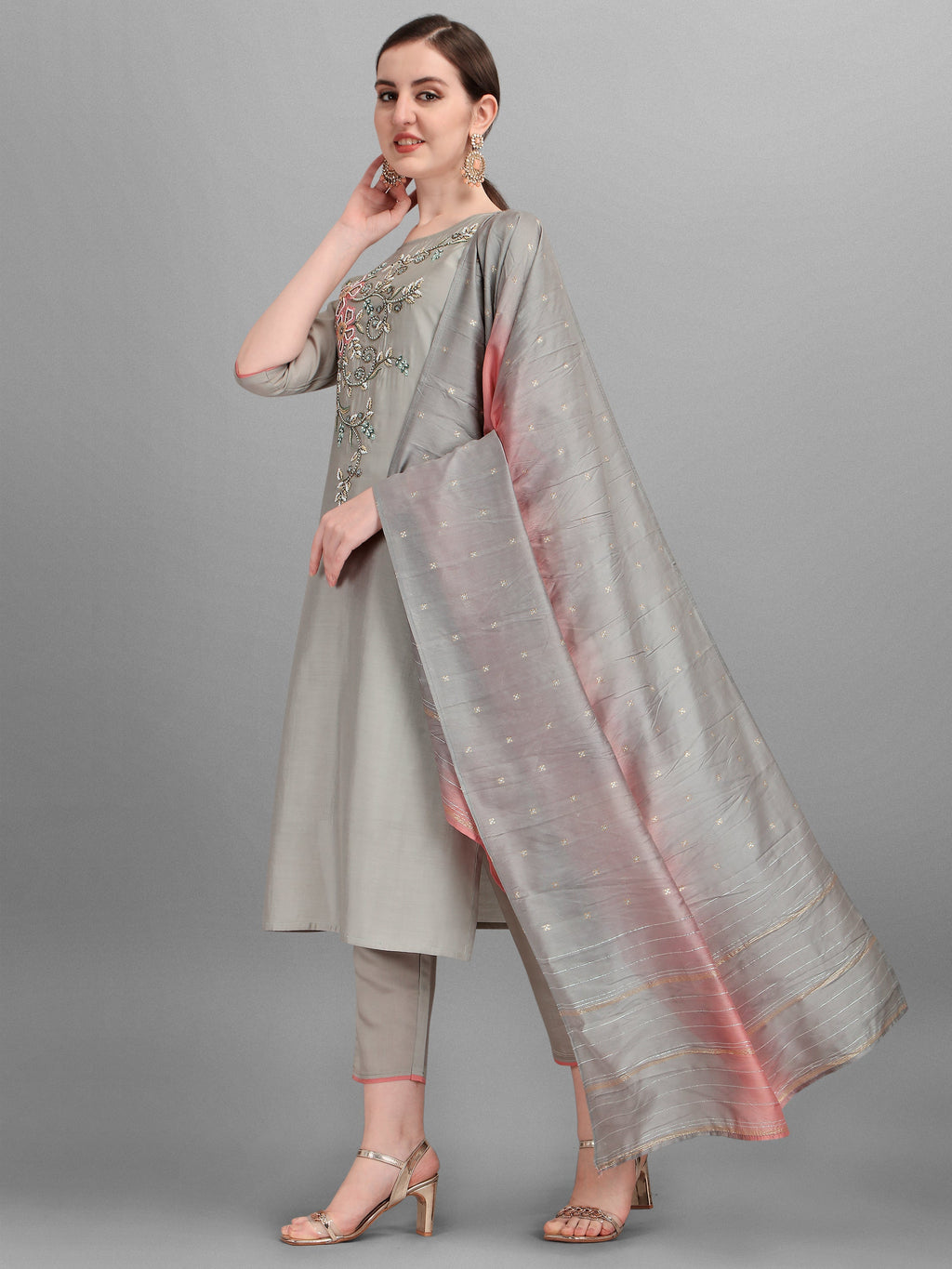 Floral Embroidered Kurta With Pant And Dupatta Set, Multicolor - Hiral Fashion - Distacart