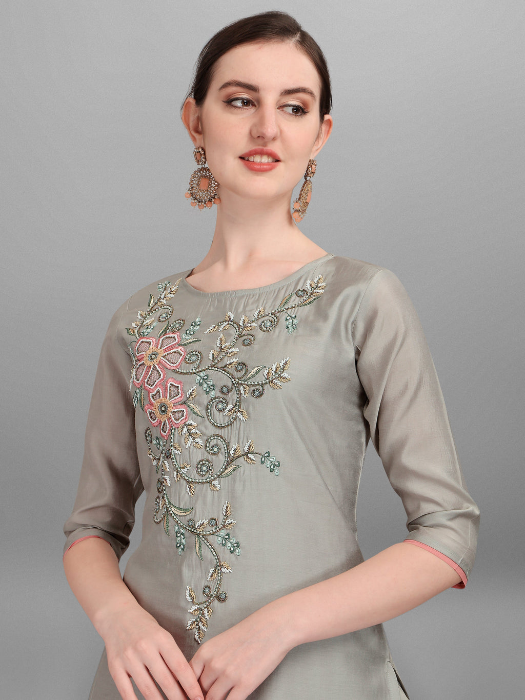 Floral Embroidered Kurta With Pant And Dupatta Set, Multicolor - Hiral Fashion - Distacart