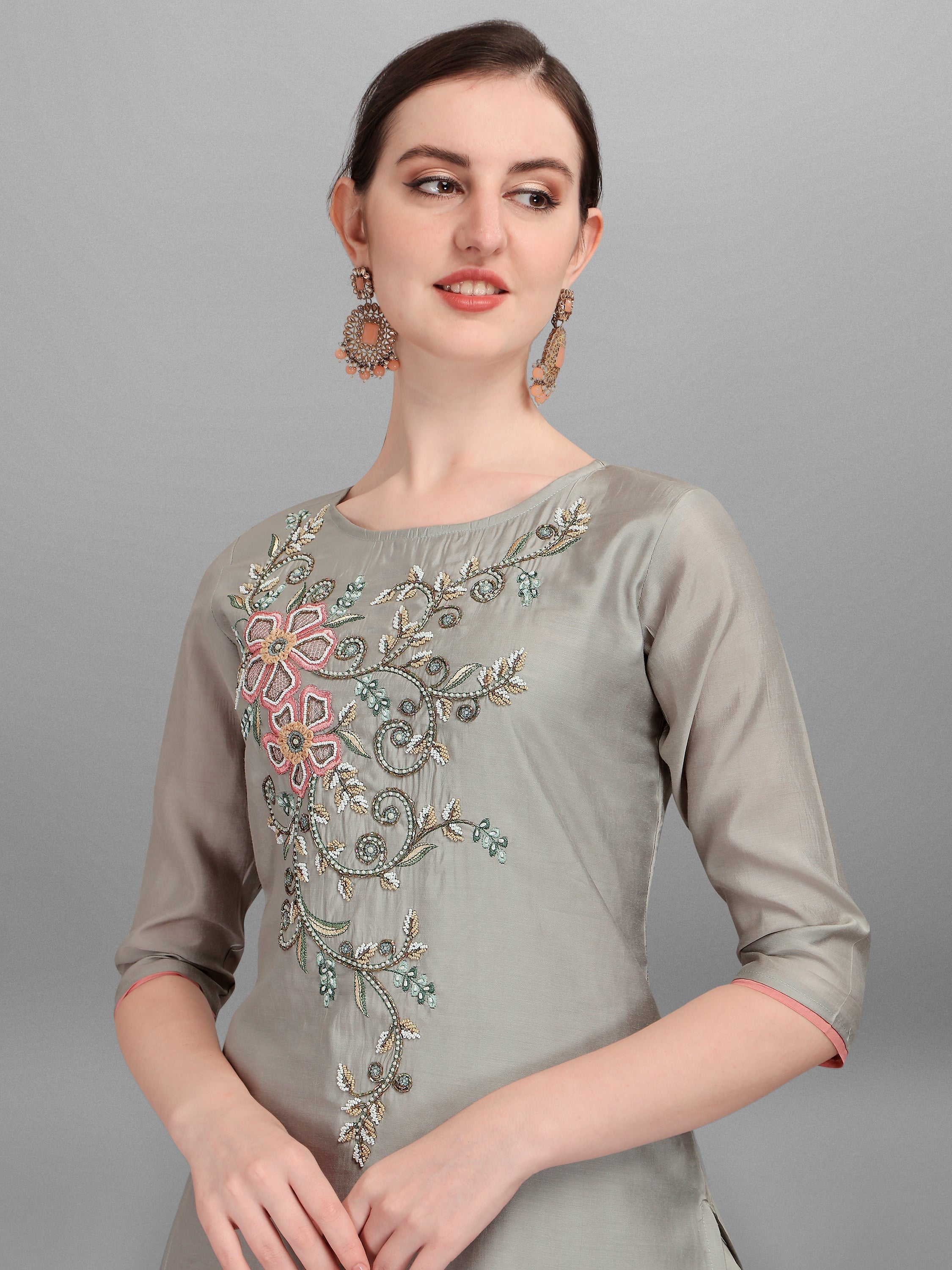 Floral Embroidered Kurta With Pant And Dupatta Set, Multicolor - Hiral Fashion - Distacart