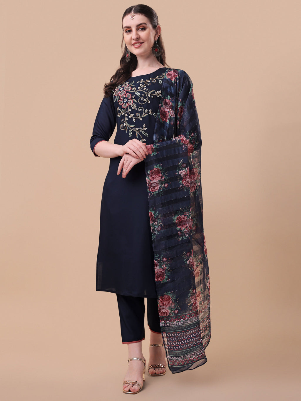 Hand Embroidered Kurta With Pant And Printed Dupatta Set, Multicolor - Hiral Fashion - Distacart