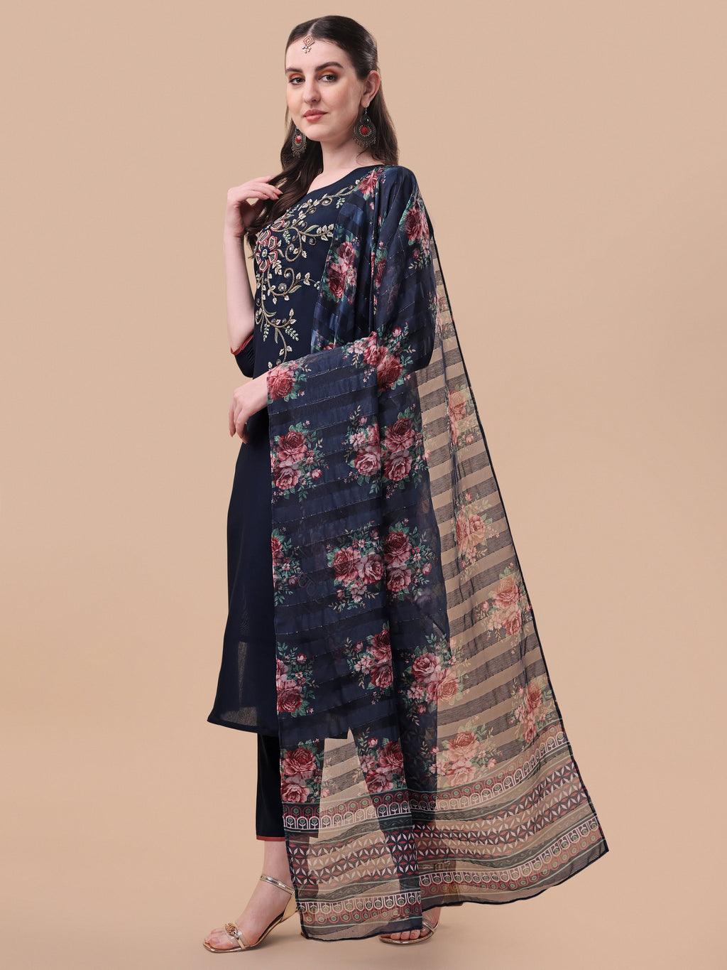 Hand Embroidered Kurta With Pant And Printed Dupatta Set, Multicolor - Hiral Fashion - Distacart