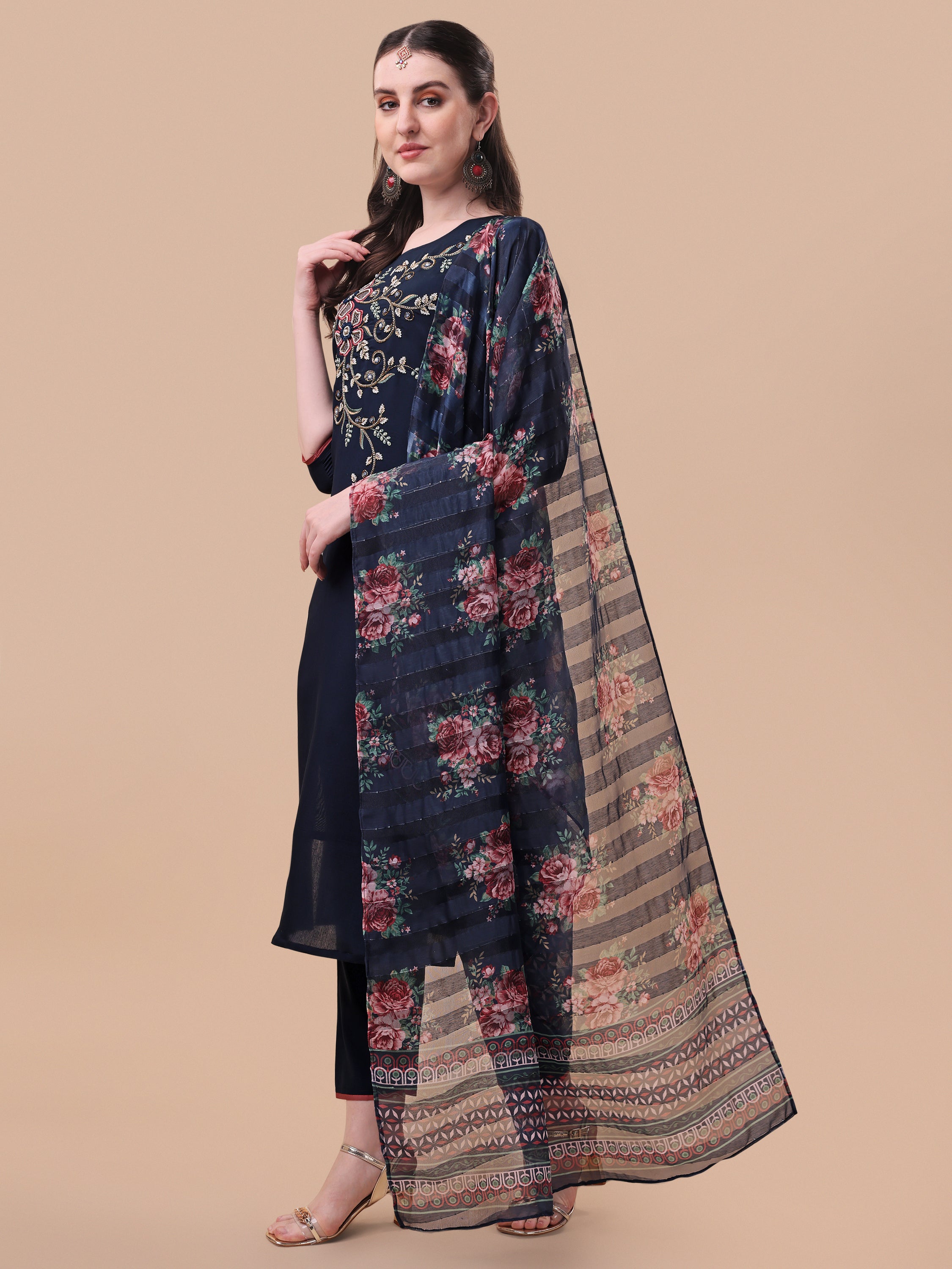Hand Embroidered Kurta With Pant And Printed Dupatta Set, Multicolor - Hiral Fashion - Distacart