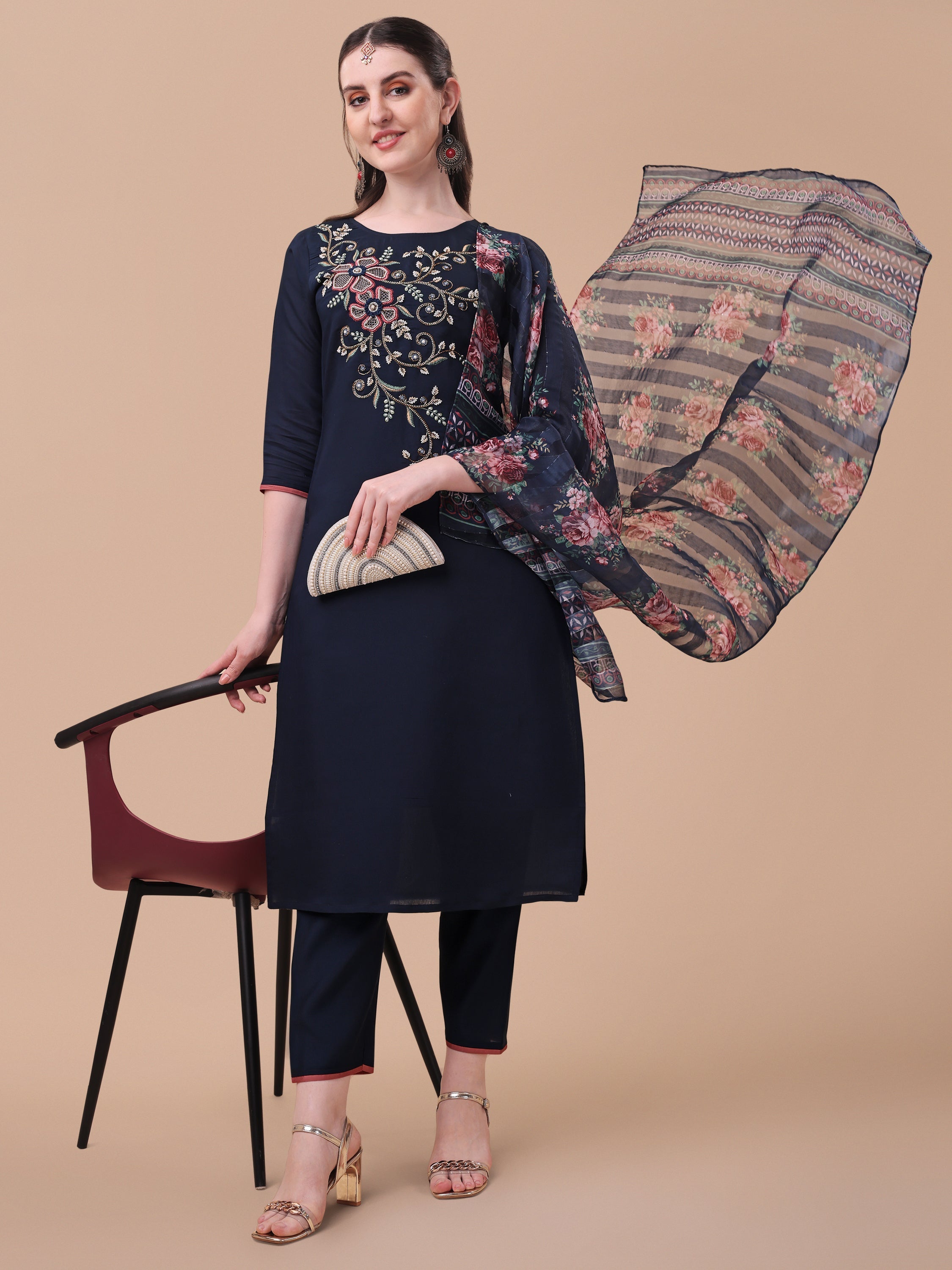 Hand Embroidered Kurta With Pant And Printed Dupatta Set, Multicolor - Hiral Fashion - Distacart