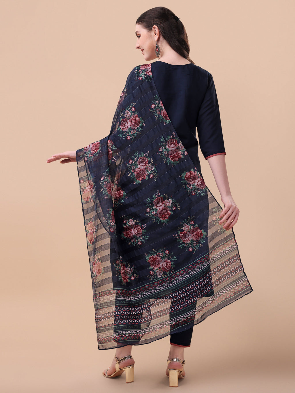 Hand Embroidered Kurta With Pant And Printed Dupatta Set, Multicolor - Hiral Fashion - Distacart