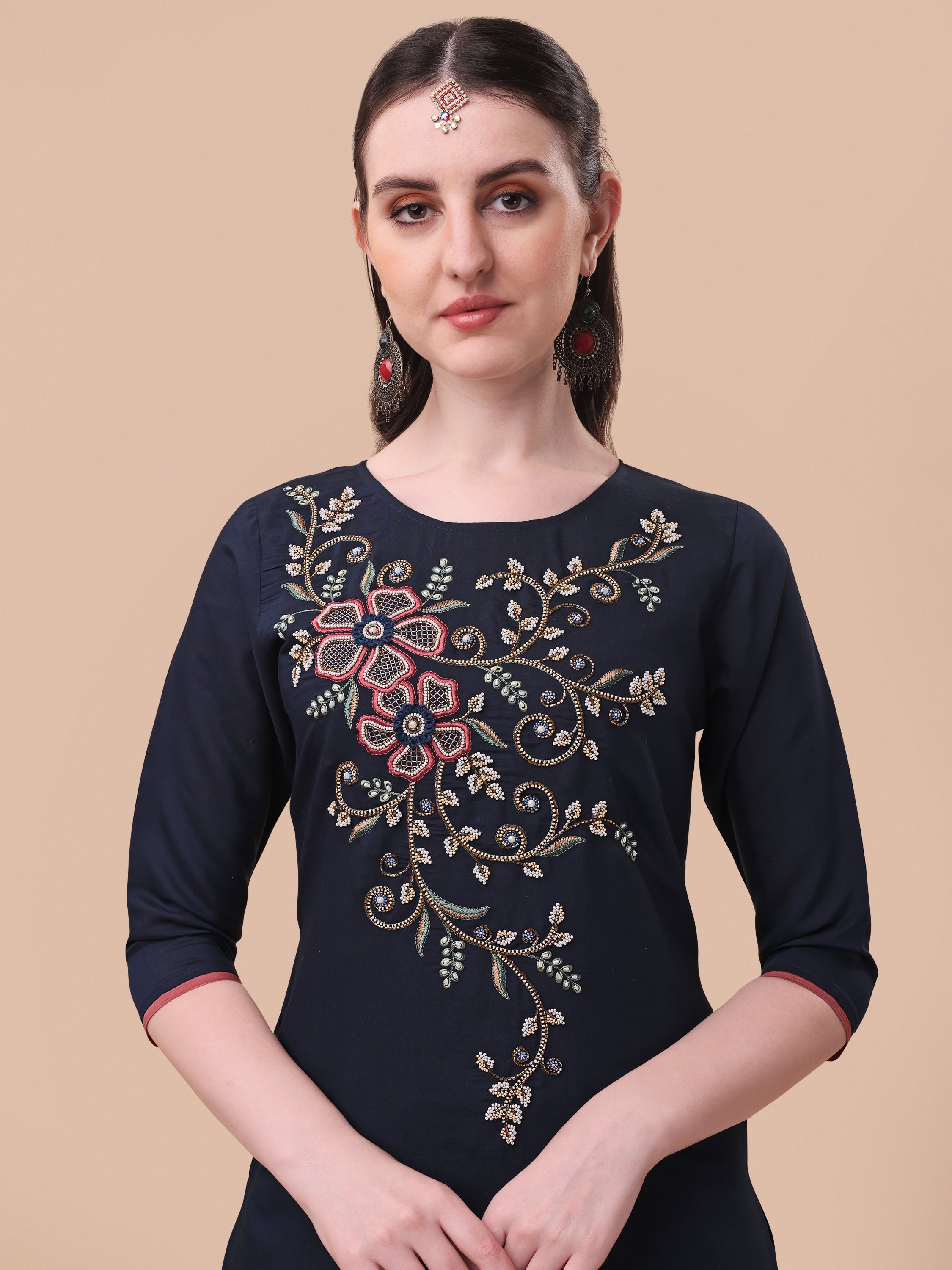 Hand Embroidered Kurta With Pant And Printed Dupatta Set, Multicolor - Hiral Fashion - Distacart