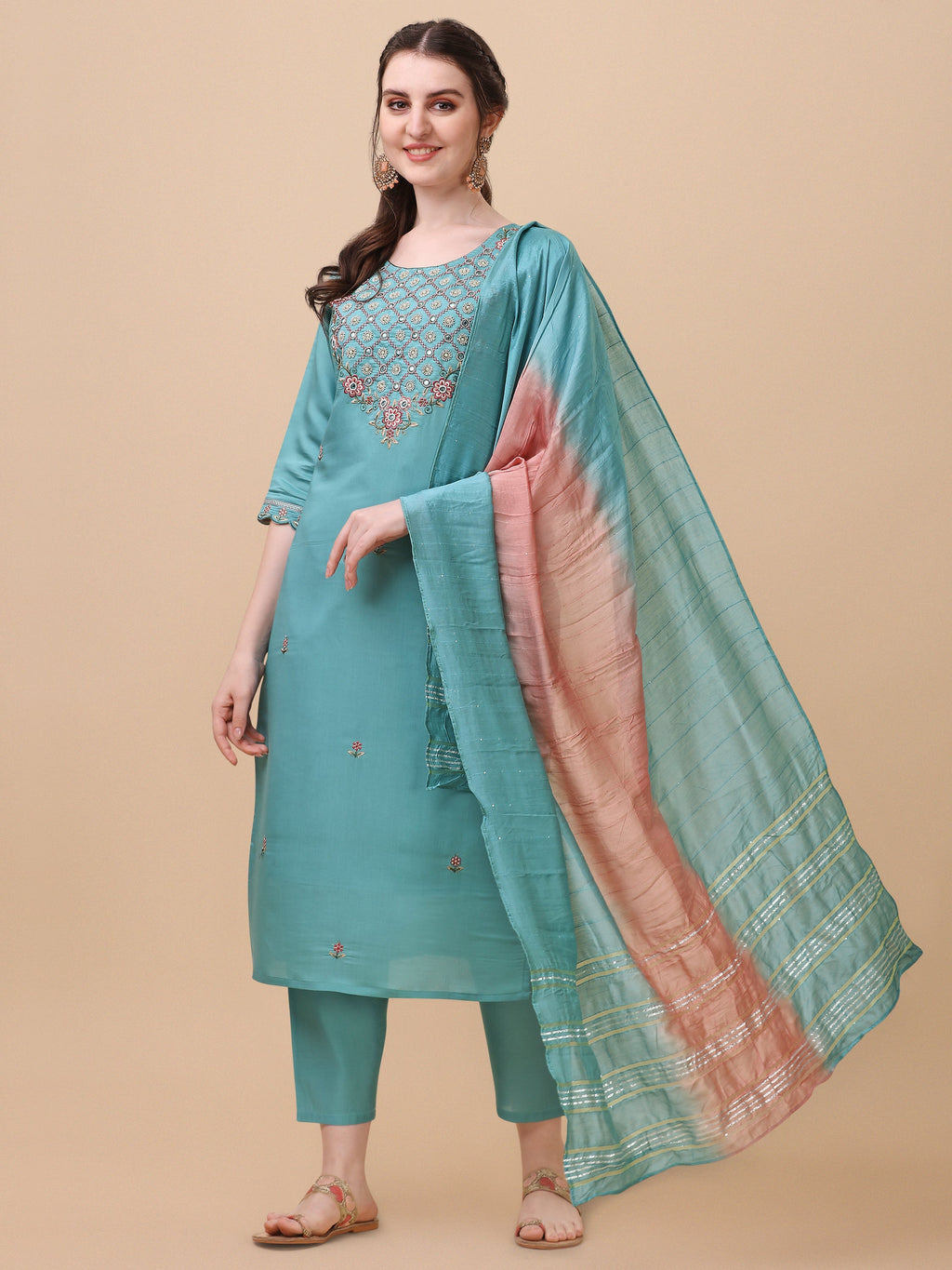 Embroidered Kurta With Pant And Dupatta Set, Multicolor - Hiral Fashion