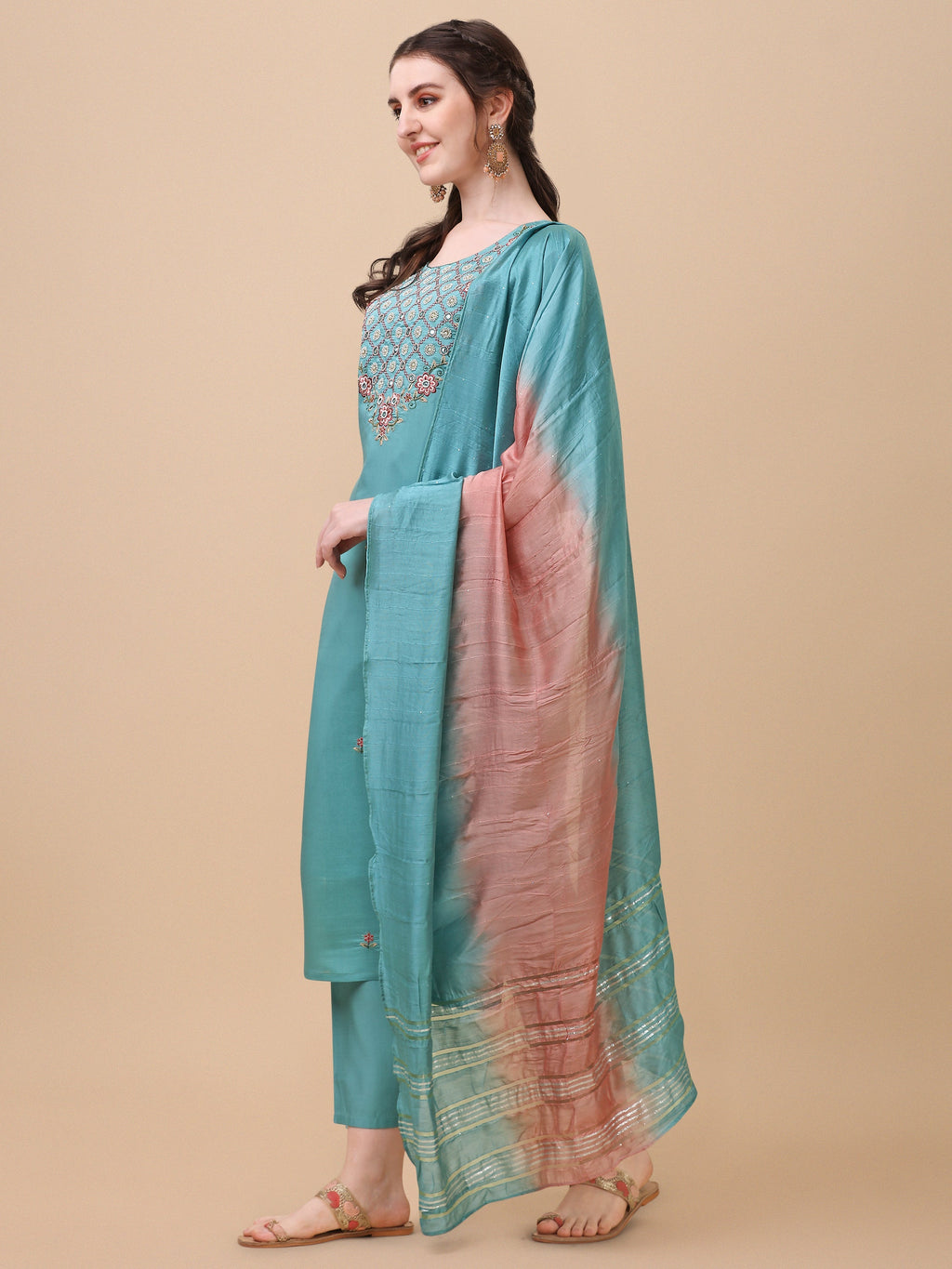Embroidered Kurta With Pant And Dupatta Set, Multicolor - Hiral Fashion