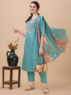 Embroidered Kurta With Pant And Dupatta Set, Multicolor - Hiral Fashion