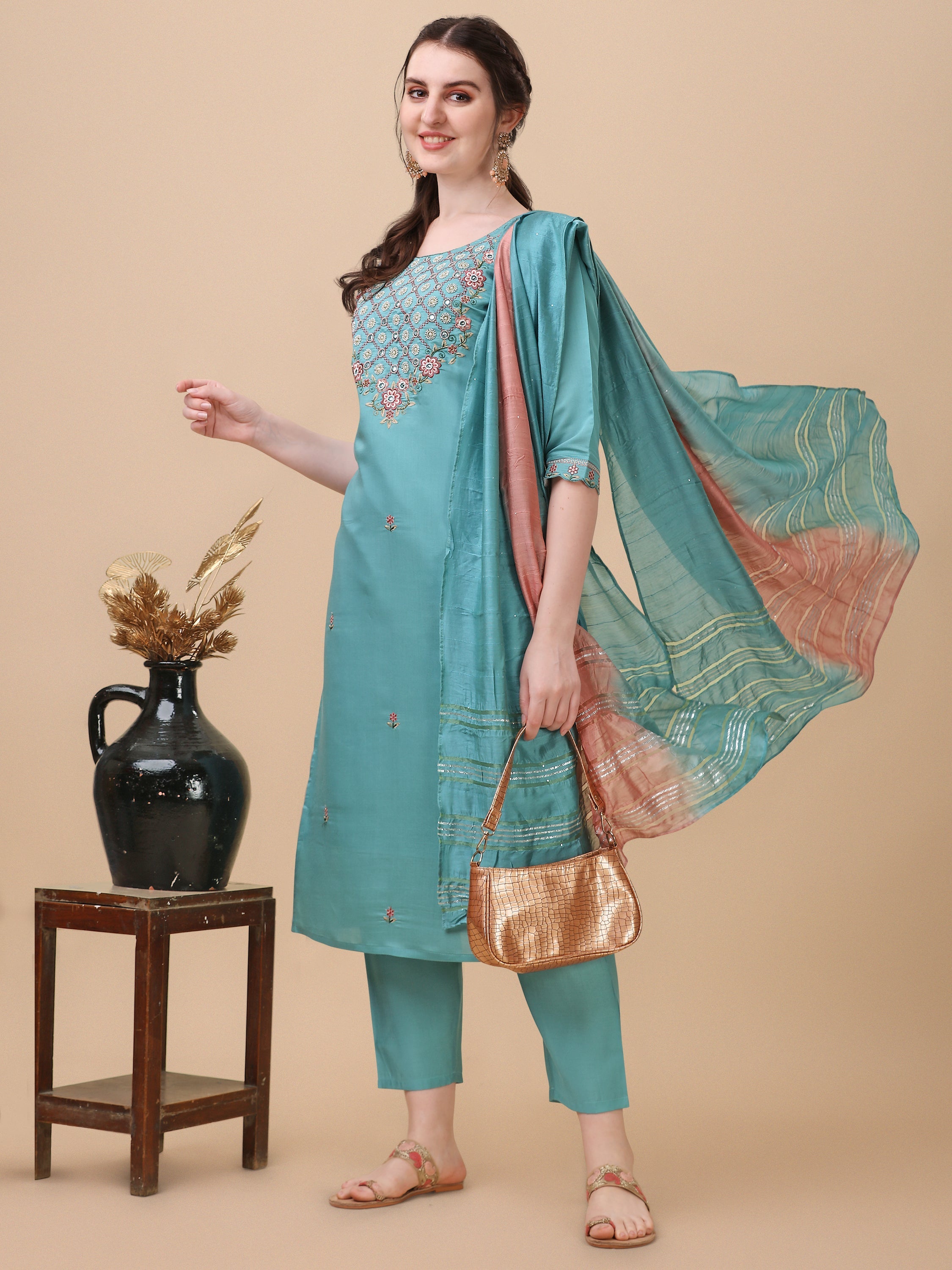 Embroidered Kurta With Pant And Dupatta Set, Multicolor - Hiral Fashion